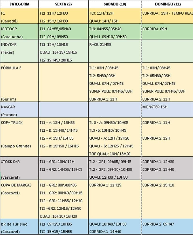 Tabela Horários - 09, 10 e 11 Junho