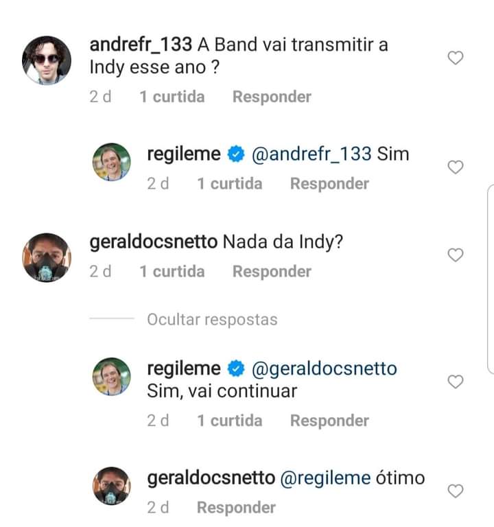 Em postagem no Instagram, comentarista aponta transmissão da Indy em TV aberta