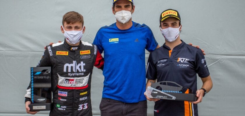 Jovens talentos da Toyota dominam Stock Light: Pedro Ferro e Felipe Baptista, da KTF Sports Pedro Ferro,Thiago Camilo e Felipe Baptista (Rodrigo Guimarães/RF1)