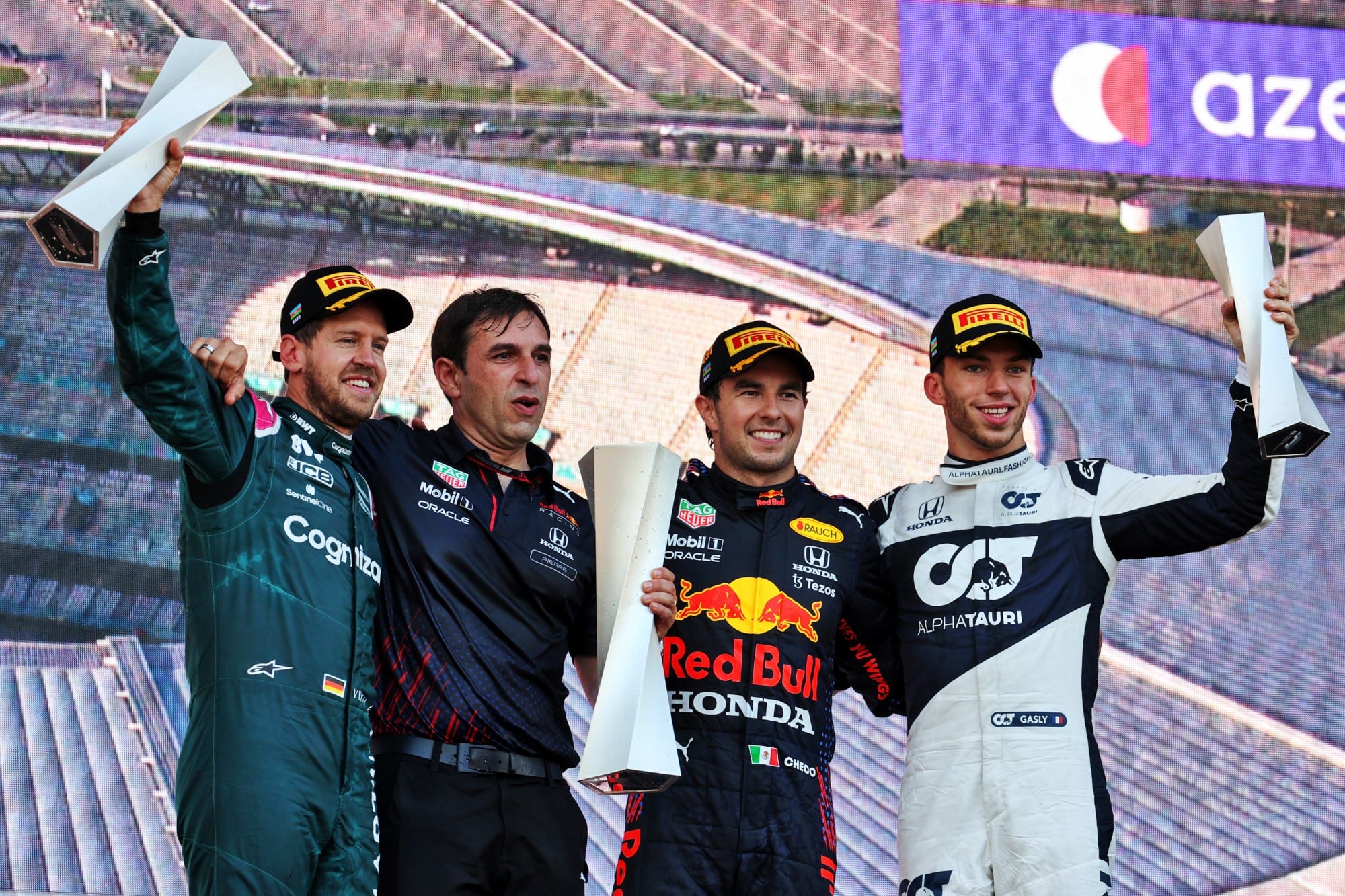 Galeria: confiras as imagens do GP do Azerbaijão de F1 Vettel, Perez e Gasly - Pódio - GP do Azerbaijão F1 2021
