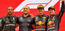 Lewis Hamilton, Gianpiero Lambiase, Max Verstappen e Sergio Perez - Pódio - GP da França F1 2021