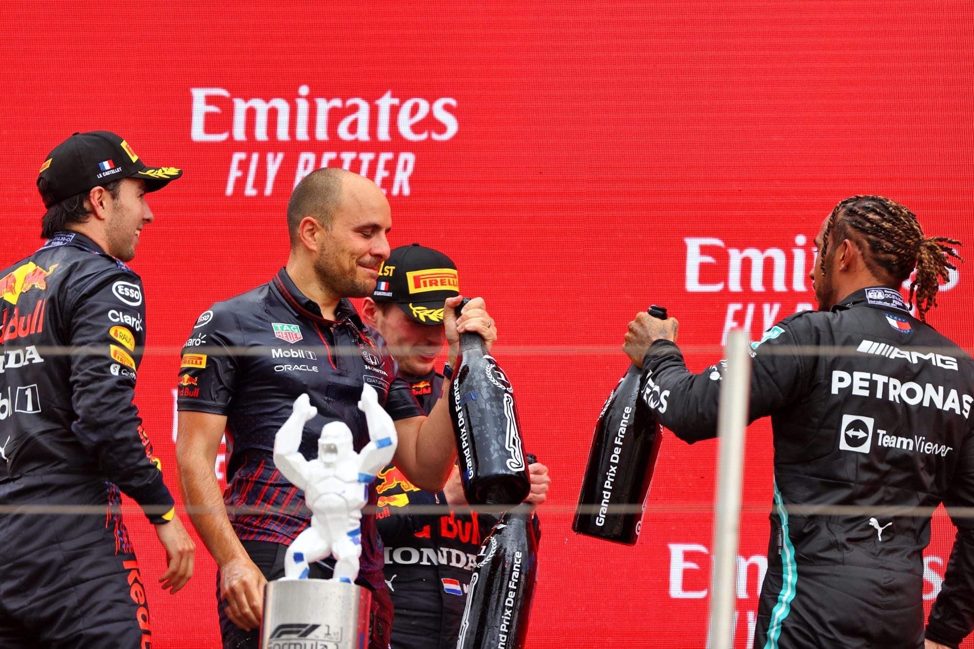 Lewis Hamilton, Gianpiero Lambiase, Max Verstappen e Sergio Perez - Pódio - GP da França F1 2021