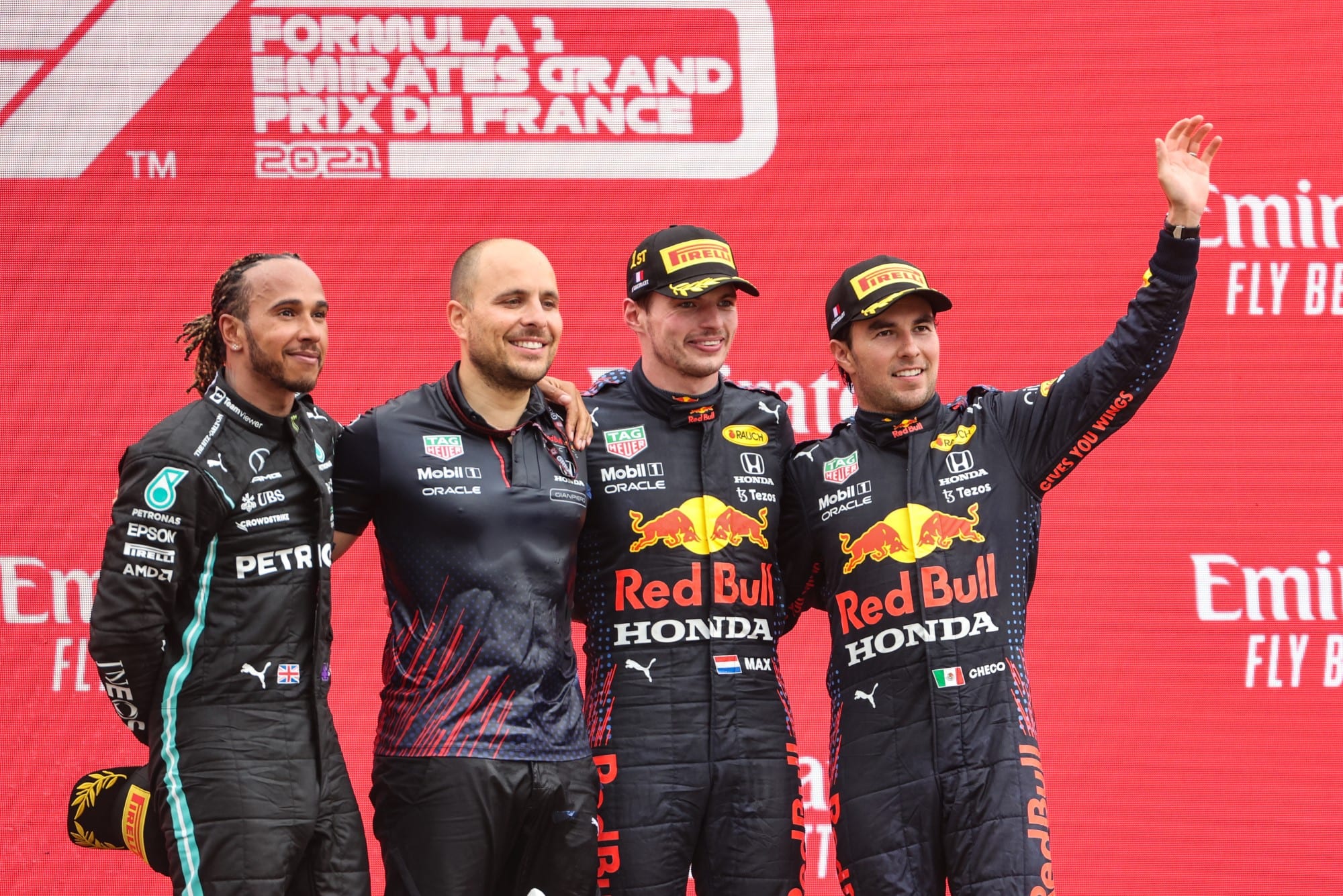 Lewis Hamilton, Gianpiero Lambiase, Max Verstappen e Sergio Perez - Pódio - GP da França F1 2021