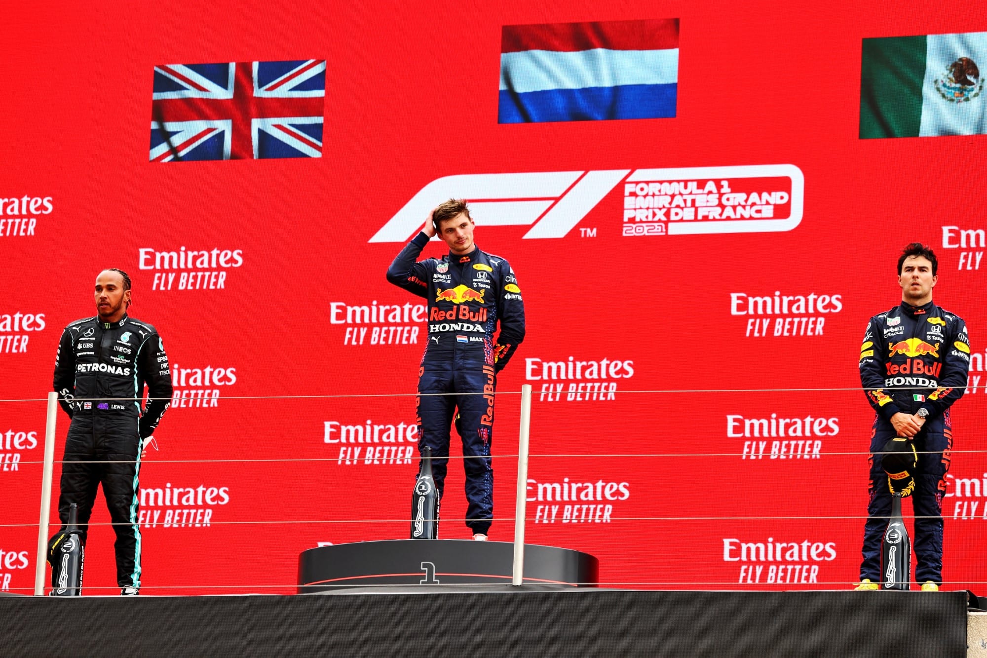Lewis Hamilton, Max Verstappen e Sergio Perez - Pódio - GP da França F1 2021
