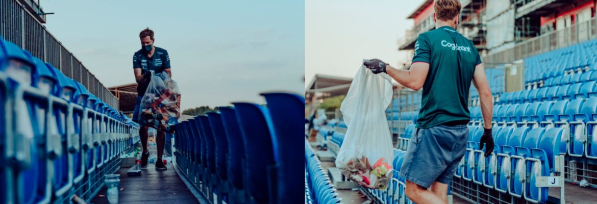 Vettel é visto tirando o lixo das arquibancadas depois do GP da Inglaterra de F1