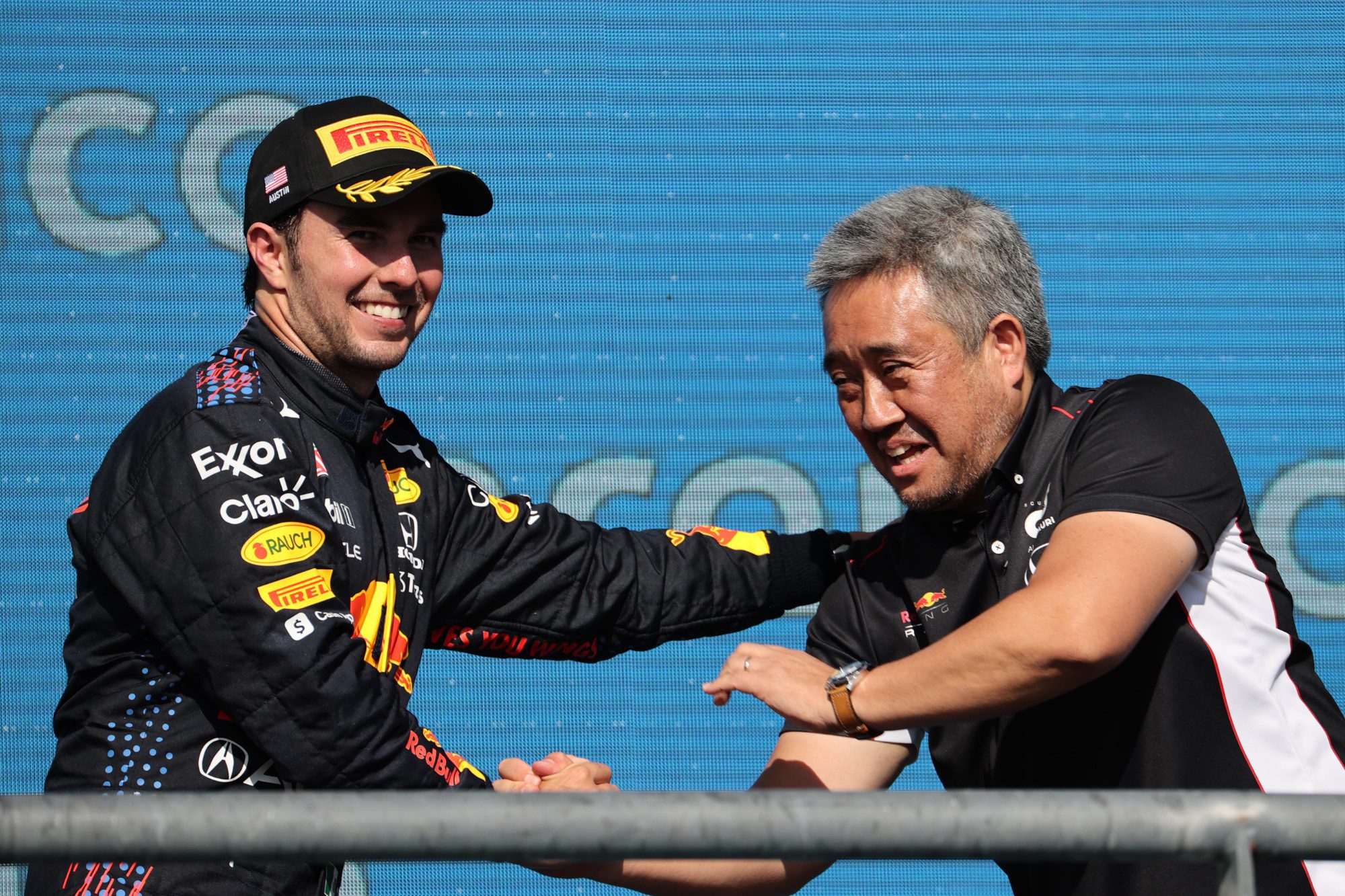 Sergio Perez e Masashi Yamamoto, Pódio. GP dos EUA, Circuito das Américas, F1 2021