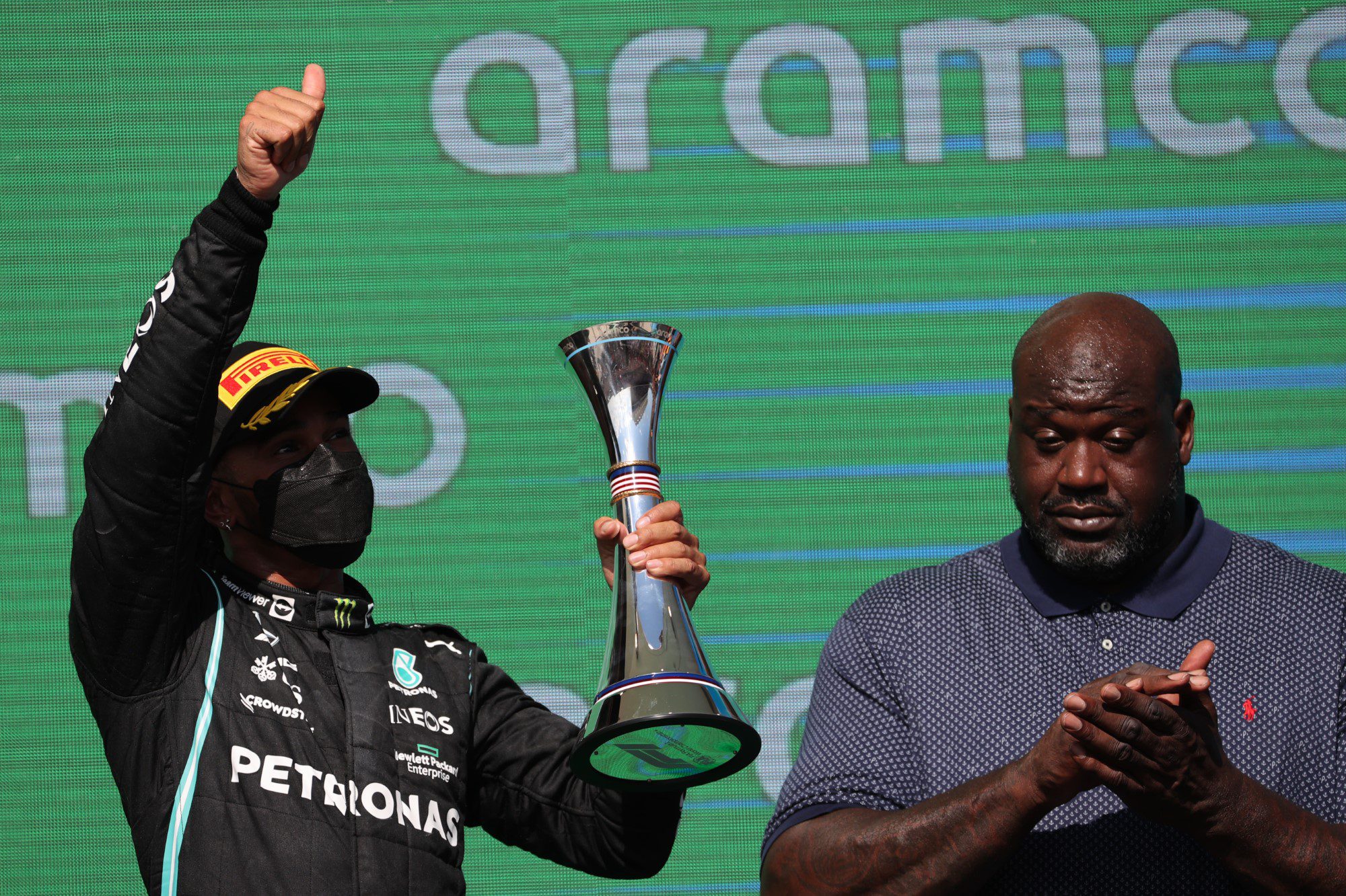 Lewis Hamilton e Shaquille O'Neal, Pódio. GP dos EUA, Circuito das Américas, F1 2021