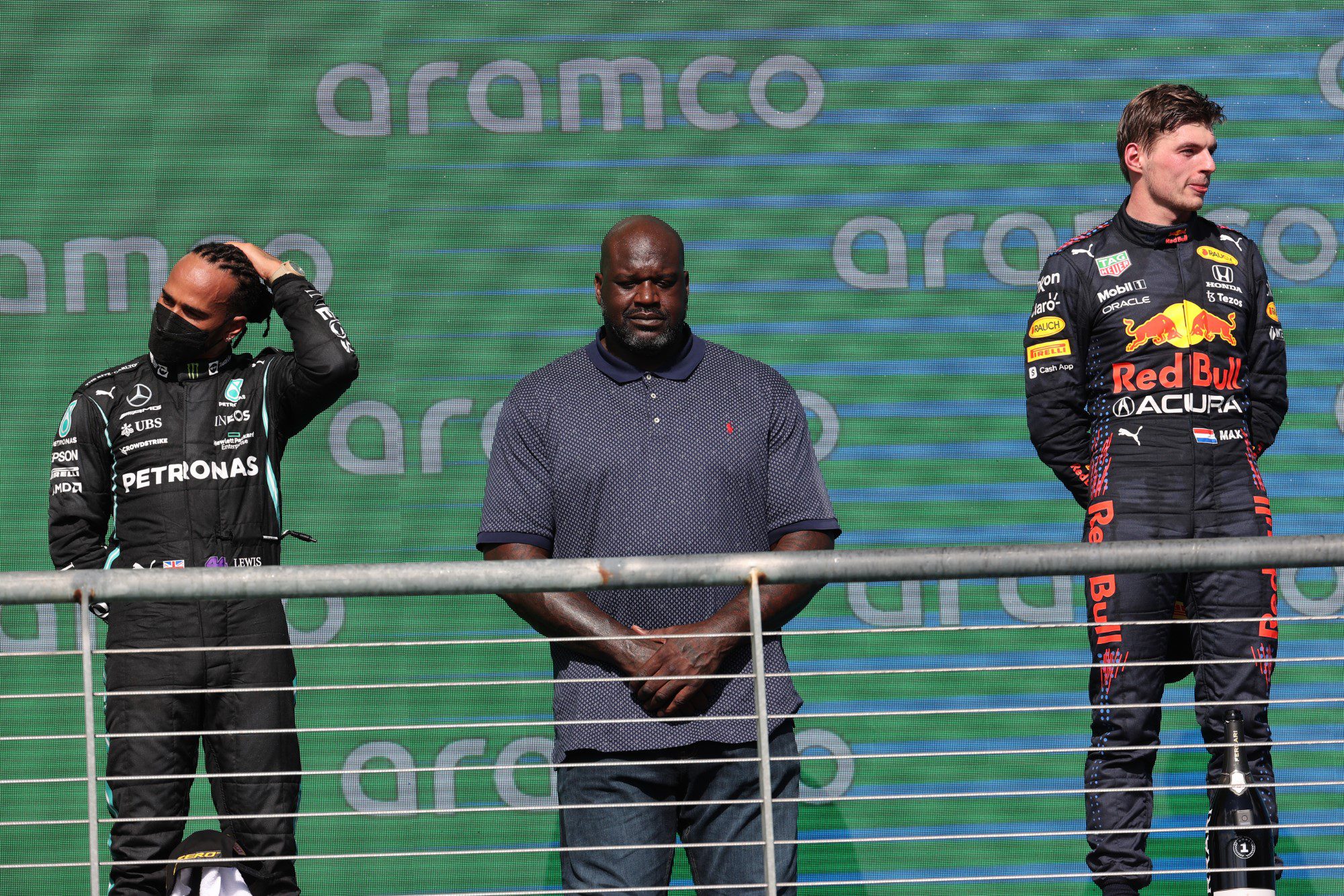 Lewis Hamilton, Shaquille O'Neal e Max Verstappen, Pódio. GP dos EUA, Circuito das Américas, F1 2021