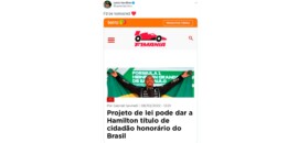 Relembre: Hamilton comemora indicação ao título de cidadão honorário do Brasil com postagem do F1Mania