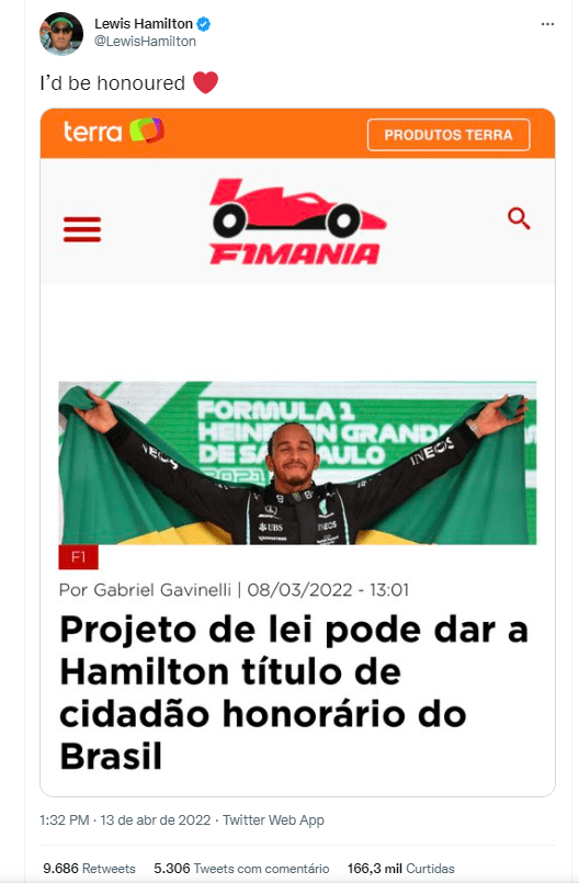 Relembre: Hamilton comemora indicação ao título de cidadão honorário do Brasil com postagem do F1Mania Relembre: Hamilton comemora indicação ao título de cidadão honorário do Brasil com postagem do F1Mania