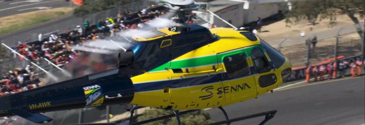 Helicóptero nas cores do capacete de Senna