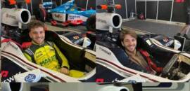 Realizando sonho de Barrichello pai, Dudu e Fefo pilotam carro de F1
