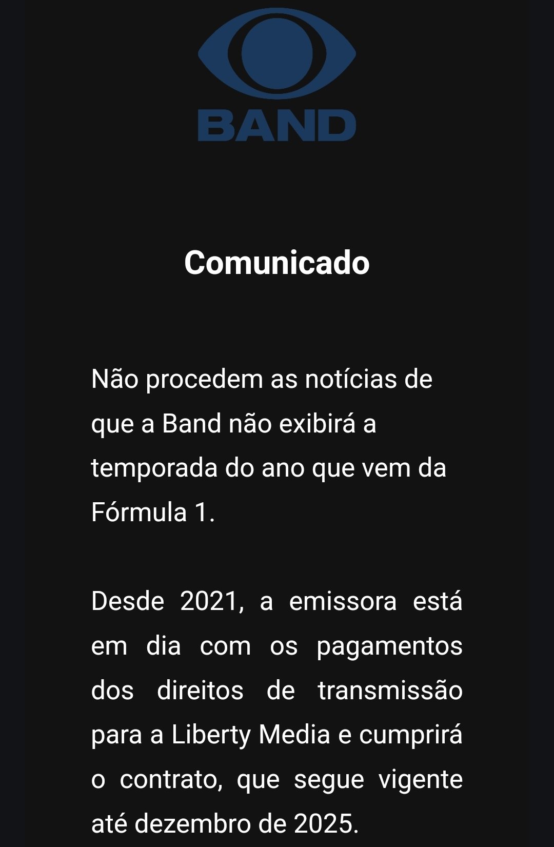 Band afirma que está em dia com os pagamentos da F1 Band afirma que está em dia com os pagamentos da F1