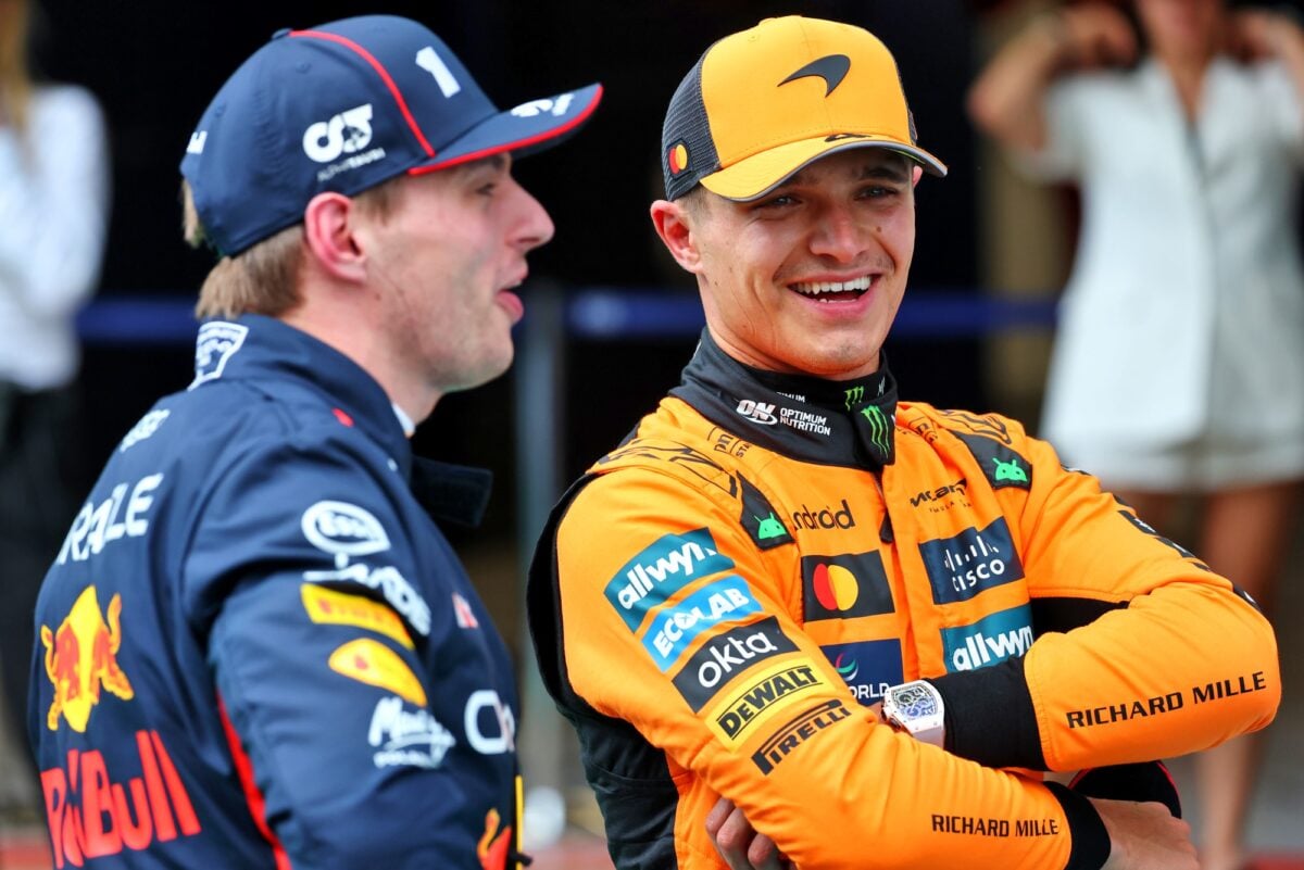 Lando Norris (GBR) McLaren with Max Verstappen (NLD) Red Bull Racing in qualifying parc ferme.