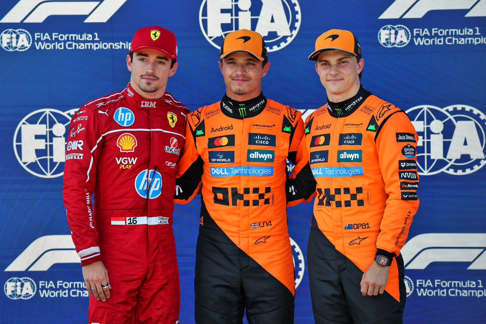 Qualifying top three in parc ferme (L to R): Charles Leclerc (MON) Ferrari, second; Lando Norris (GBR) McLaren, pole position; Oscar Piastri (AUS) McLaren, third.