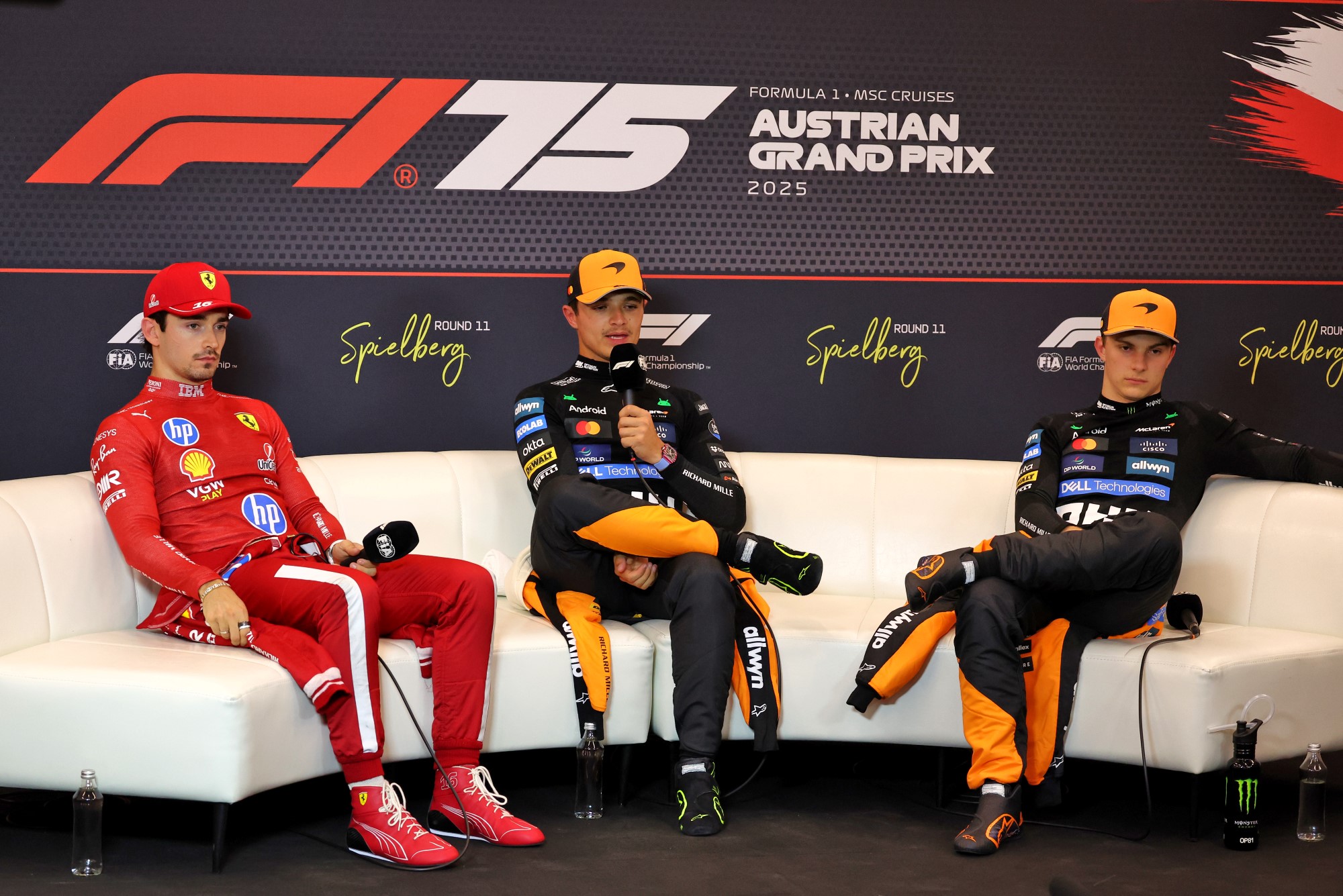 (L to R): Charles Leclerc (MON) Ferrari; Lando Norris (GBR) McLaren; and Oscar Piastri (AUS) McLaren, in the post qualifying FIA Press Conference.