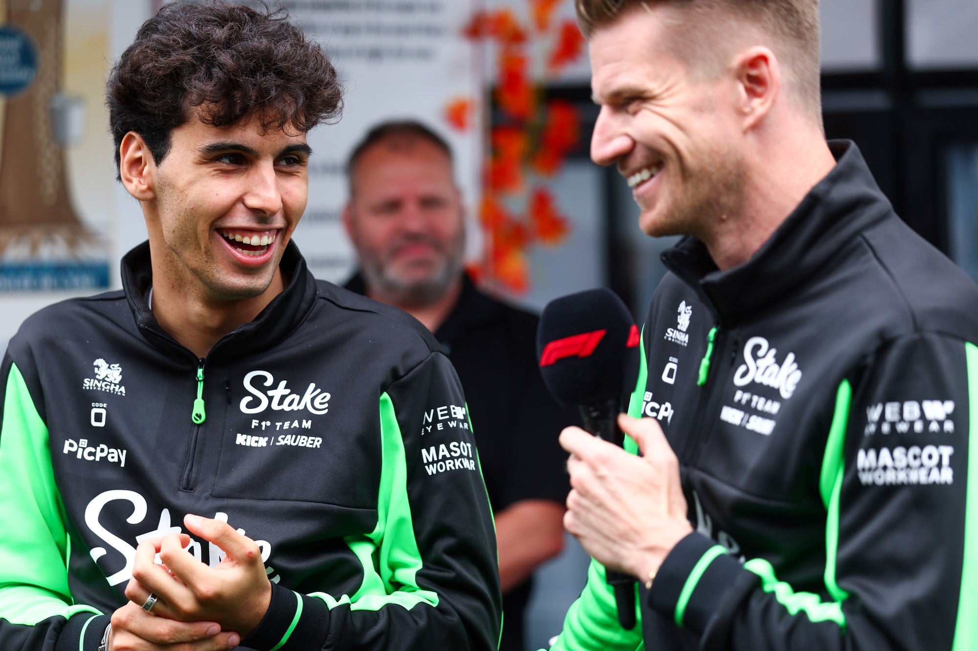 MONTREAL, QUEBEC - JUNE 12: Gabriel Bortoleto of Brazil and Stake F1 Team Kick Sauber and Nico Hulkenberg of Germany and Stake F1 Team Kick Sauber are interviewed during previews ahead of the F1 Grand Prix of Canada at Circuit Gilles-Villeneuve on June 12, 2025 in Montreal, Quebec. (Photo by Andy Hone/LAT Images)