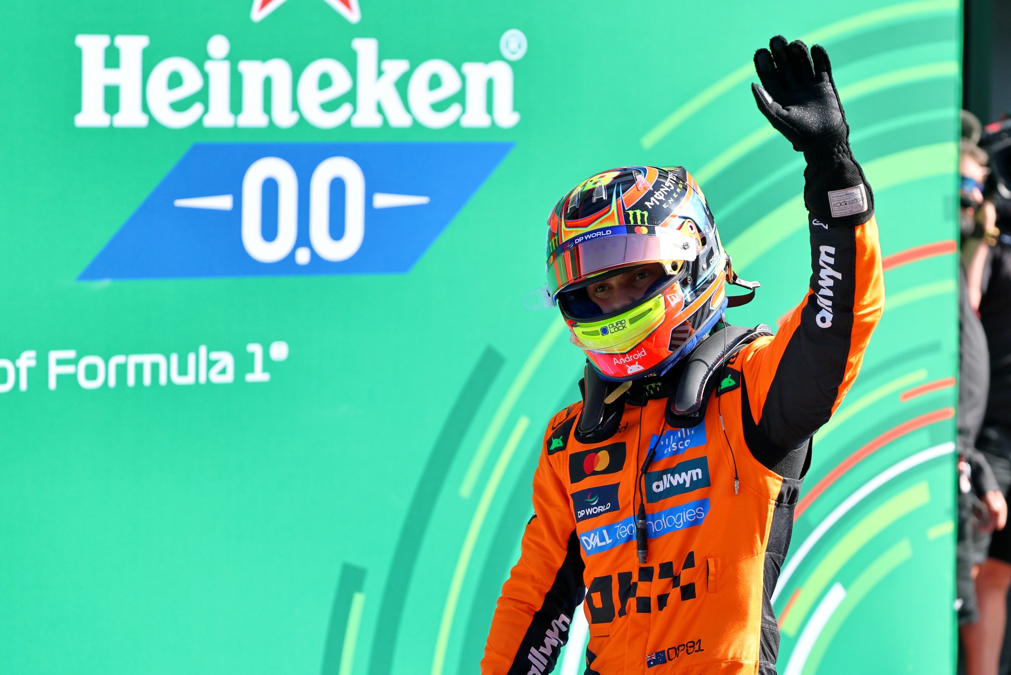 Oscar Piastri (AUS) McLaren celebrates his pole position in qualifying parc ferme.