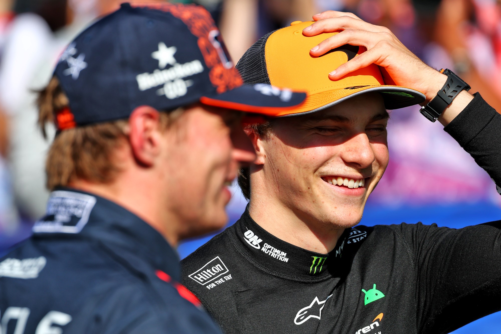 Pole sitter Oscar Piastri (AUS) McLaren in qualifying parc ferme with Max Verstappen (NLD) Red Bull Racing.