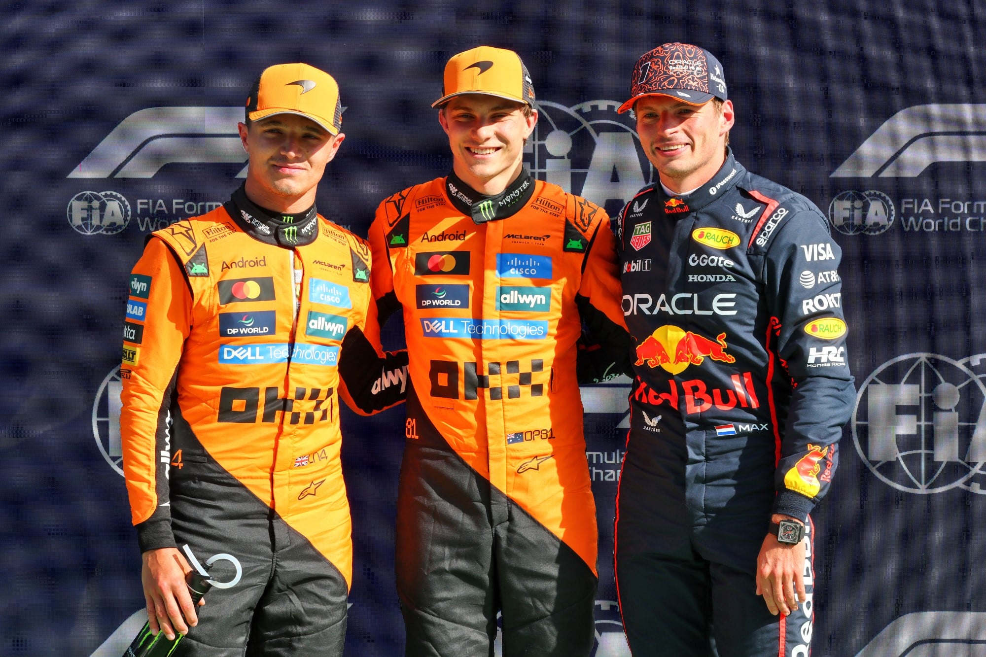 Qualifying top three in parc ferme (L to R): Lando Norris (GBR) McLaren, second; Oscar Piastri (AUS) McLaren, pole position; Max Verstappen (NLD) Red Bull Racing, third.