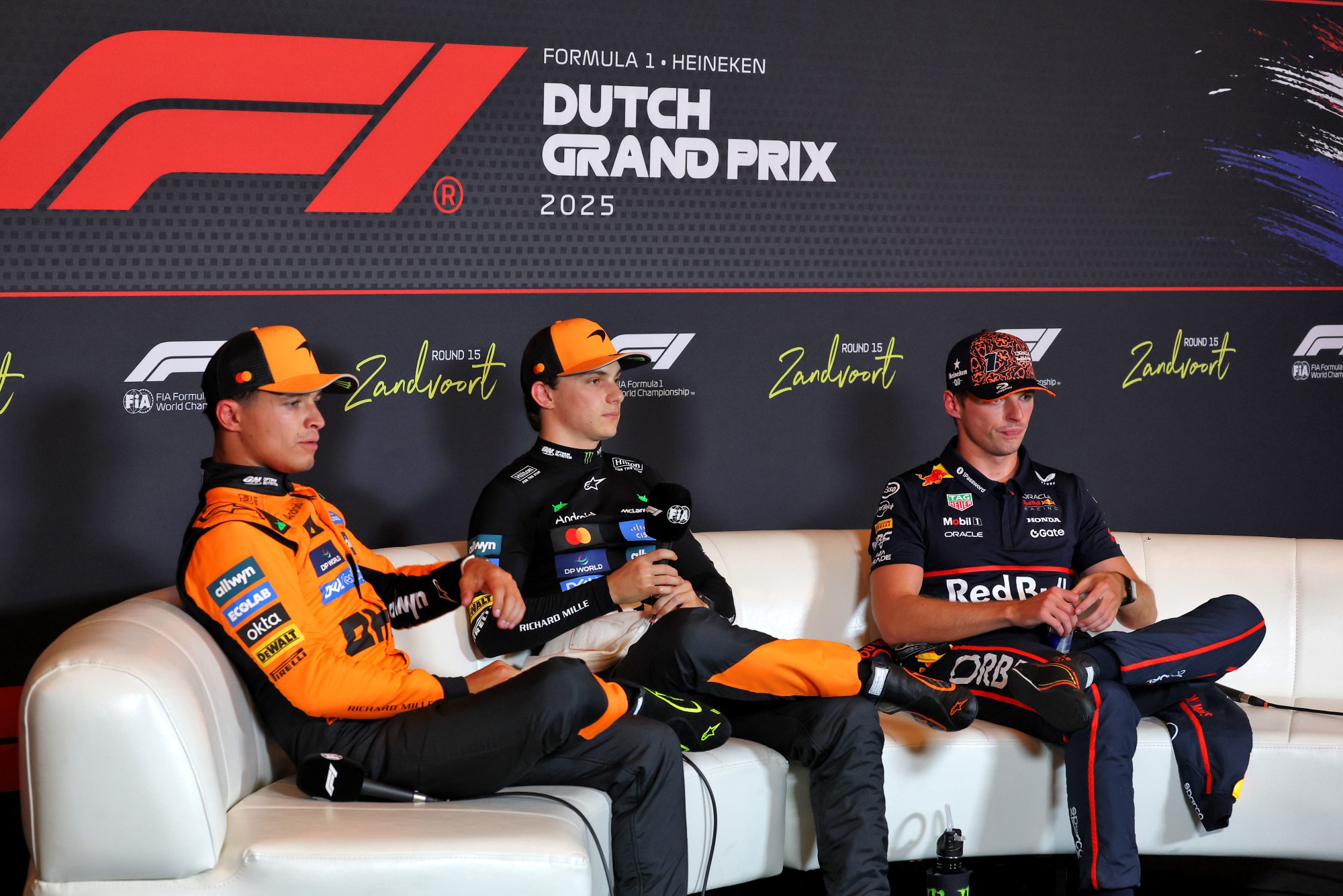 (L to R): Lando Norris (GBR) McLaren; Oscar Piastri (AUS) McLaren and Max Verstappen (NLD) Red Bull Racing in the post qualifying FIA Press Conference.