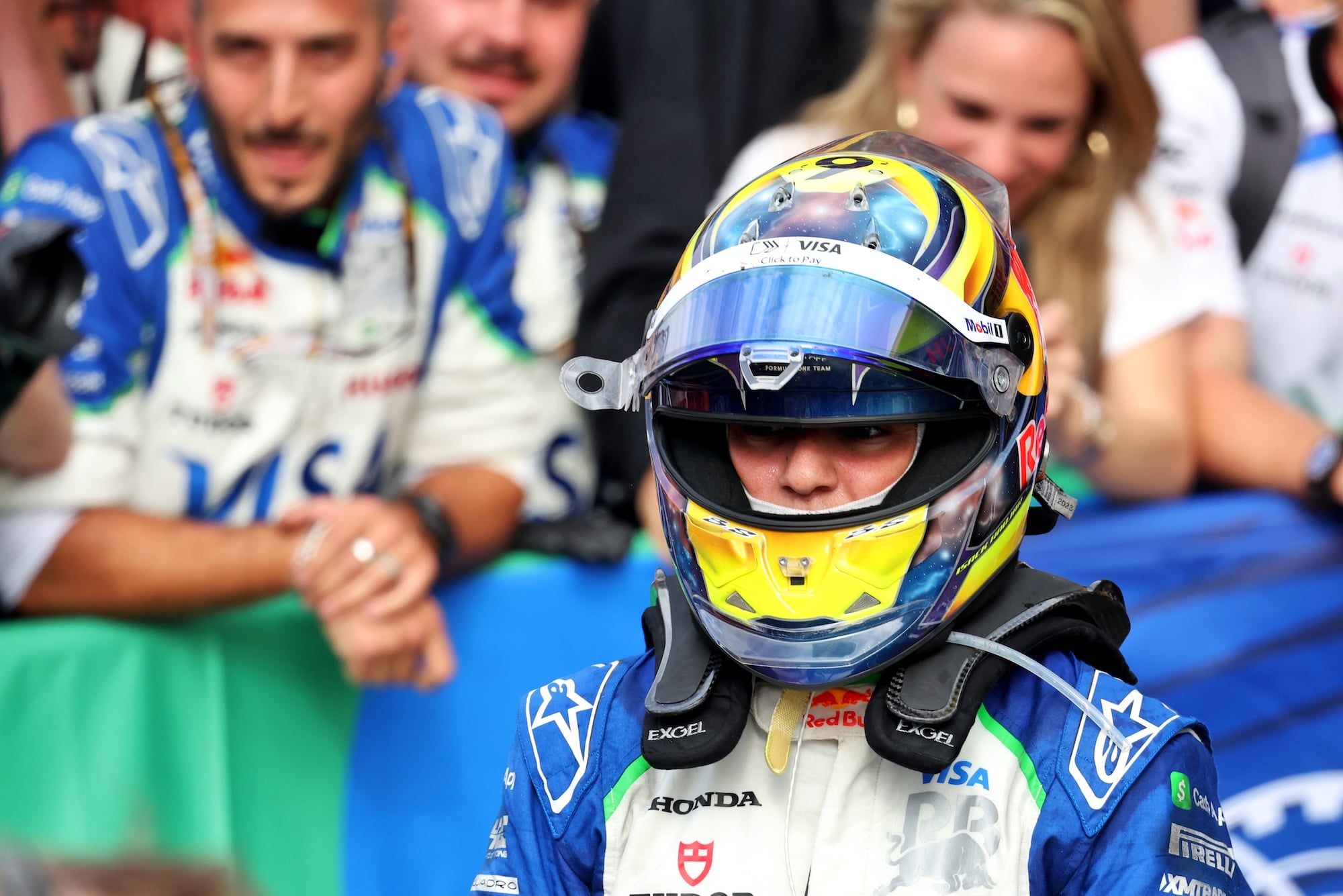 Race winner Isack Hadjar (FRA) Racing Bulls celebrates his third position in parc ferme.