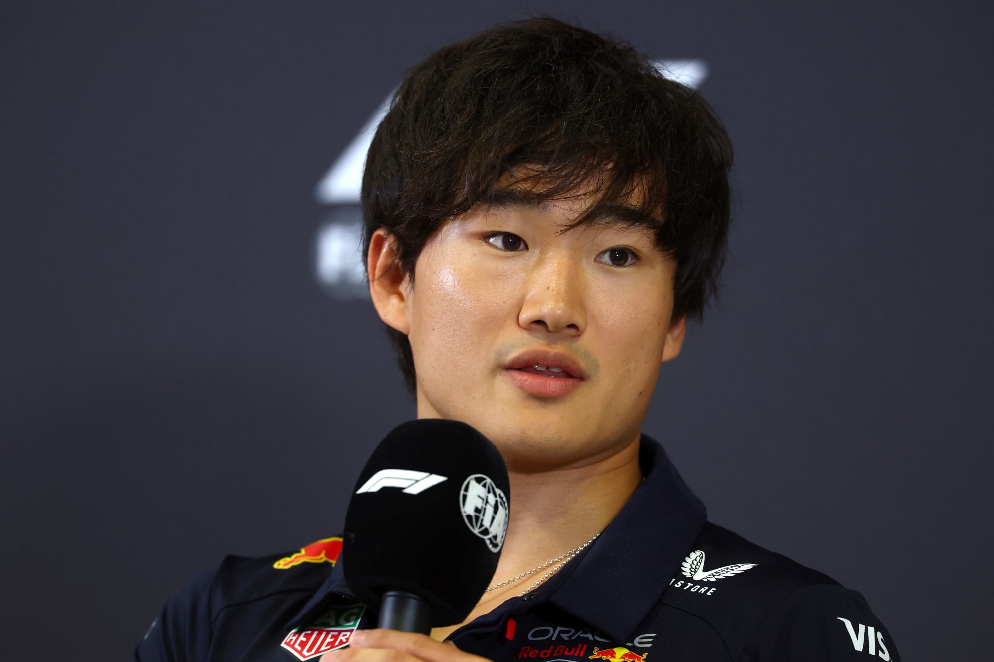 MONZA, ITALY - SEPTEMBER 04: Yuki Tsunoda of Japan and Oracle Red Bull Racing speaks in the Drivers Press Conference during previews ahead of the F1 Grand Prix of Italy at Autodromo Nazionale Monza on September 04, 2025 in Monza, Italy. (Photo by Clive Rose/Getty Images) // Getty Images / Red Bull Content Pool // SI202509040783 // Usage for editorial use only //