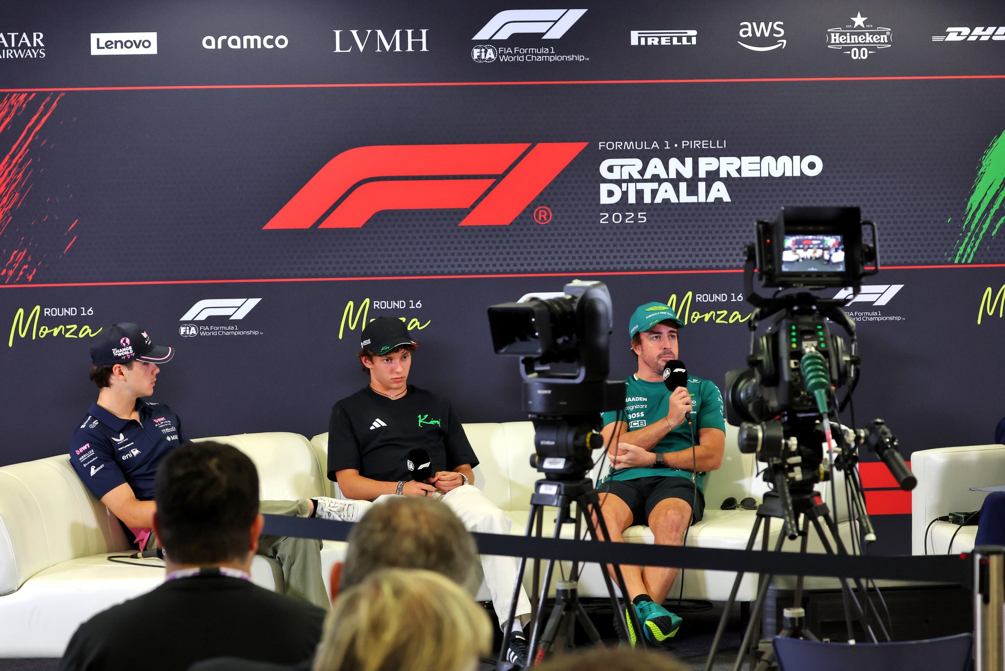 (L to R): Franco Colapinto (ARG) Alpine F1 Team; Andrea Kimi Antonelli (ITA) Mercedes AMG F1; and Fernando Alonso (ESP) Aston Martin F1 Team, in the FIA Press Conference.