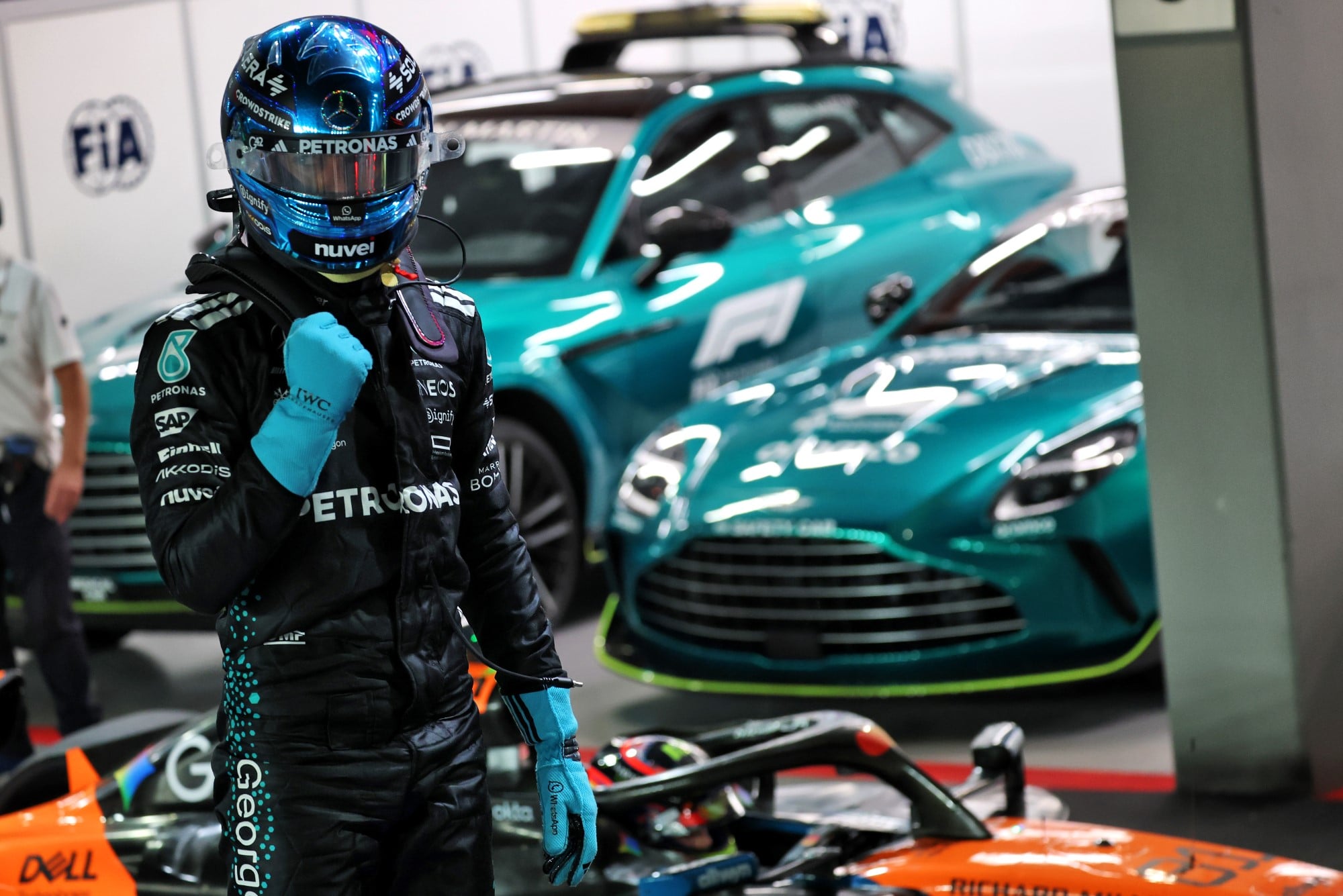 George Russell (GBR) Mercedes AMG F1 celebrates his pole position in qualifying parc ferme.
