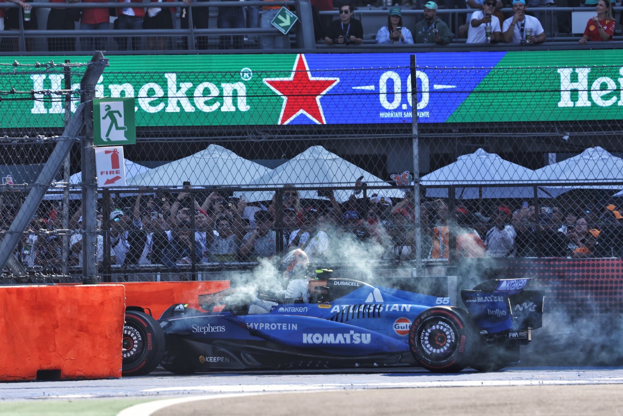Carlos Sainz (ESP) Atlassian Williams Racing FW47 pulls off the circuit.