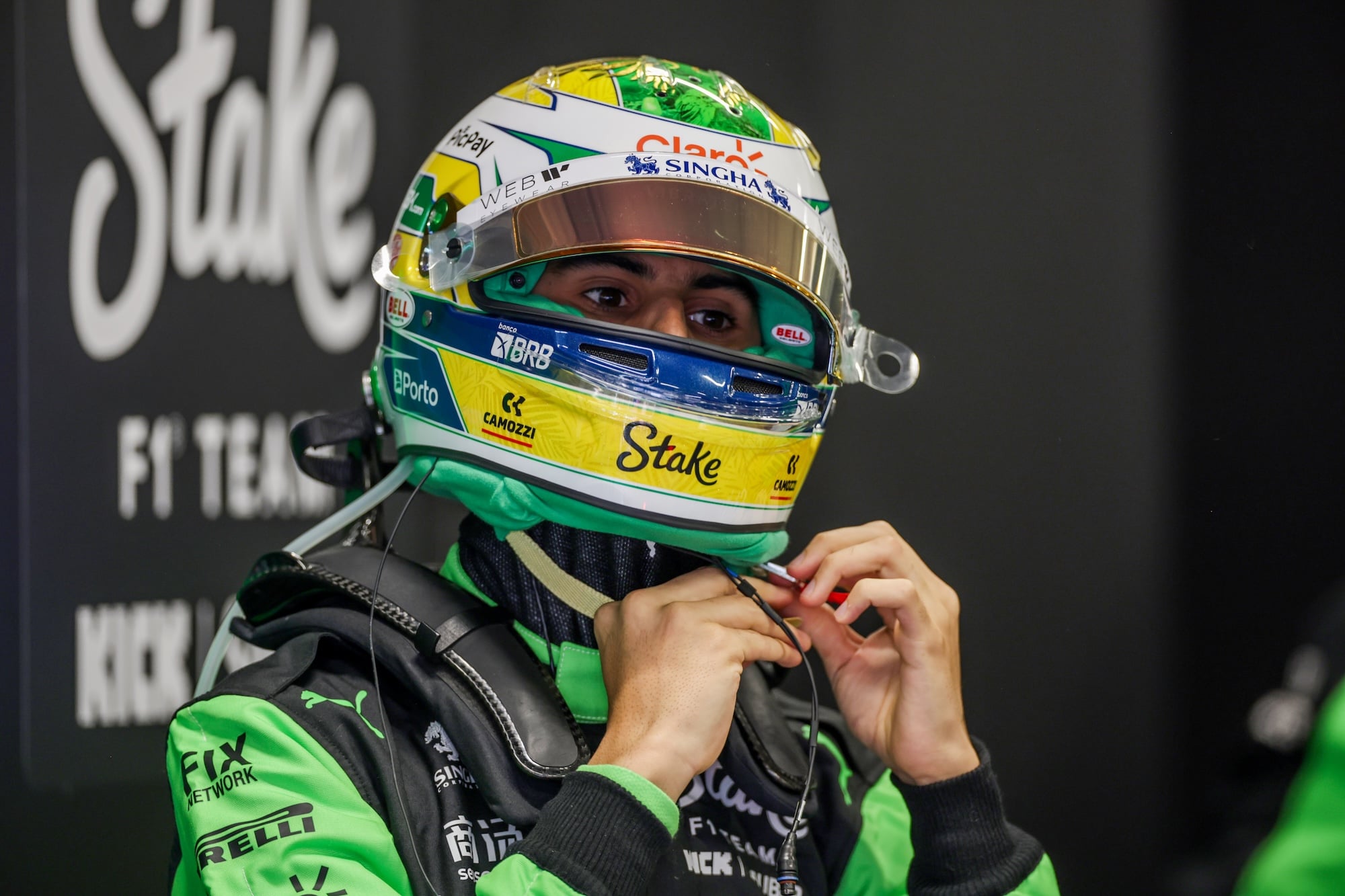 SAO PAULO, BRAZIL - NOVEMBER 07: Gabriel Bortoleto of Stake F1 Team Kick Sauber and Brazil in the garage during practice ahead of the F1 Grand Prix of Brazil at Autodromo Jose Carlos Pace on November 07, 2025 in Sao Paulo, Brazil. (Photo by Peter Fox/Getty Images)