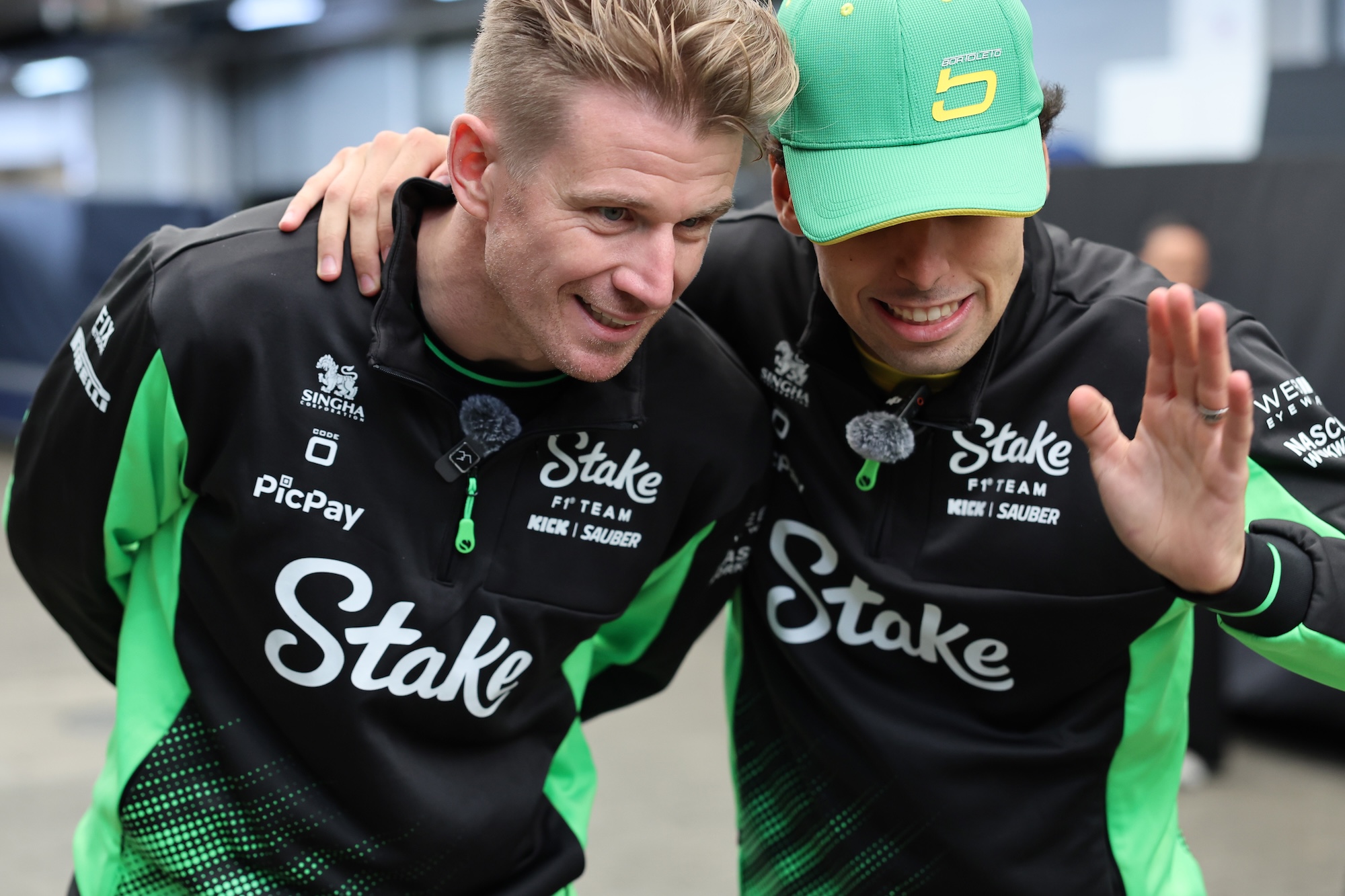 SAO PAULO, BRAZIL - NOVEMBER 06: Nico Hulkenberg of Germany and Stake F1 Team Kick Sauber and Gabriel Bortoleto of Brazil and Stake F1 Team Kick Sauber during previews ahead of the F1 Grand Prix of Brazil at Autodromo Jose Carlos Pace on November 06, 2025 in Sao Paulo, Brazil. (Photo by Andy Hone/LAT Images)