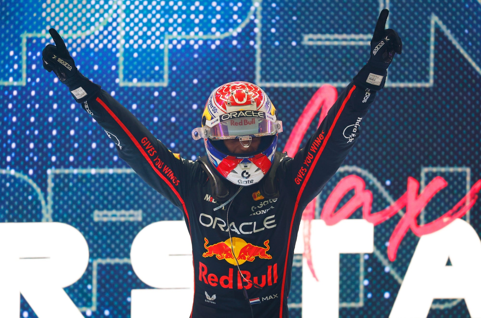 LUSAIL CITY, QATAR - NOVEMBER 30: Race winner Max Verstappen of the Netherlands and Oracle Red Bull Racing celebrates on arrival in parc ferme during the F1 Grand Prix of Qatar at Lusail International Circuit on November 30, 2025 in Lusail City, Qatar. (Photo by Andrew Ferraro/LAT Images) // Getty Images / Red Bull Content Pool // SI202511300657 // Usage for editorial use only //