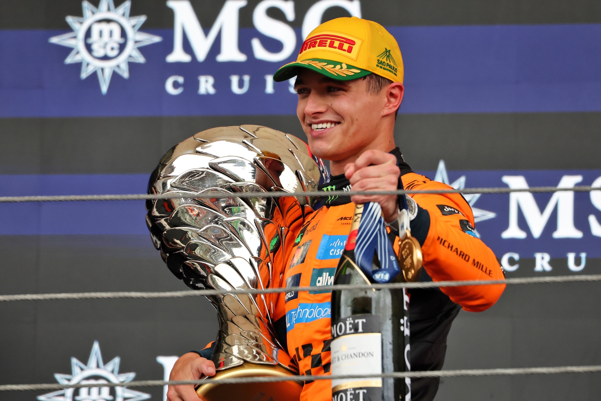 Race winner Lando Norris (GBR) McLaren celebrates on the podium.