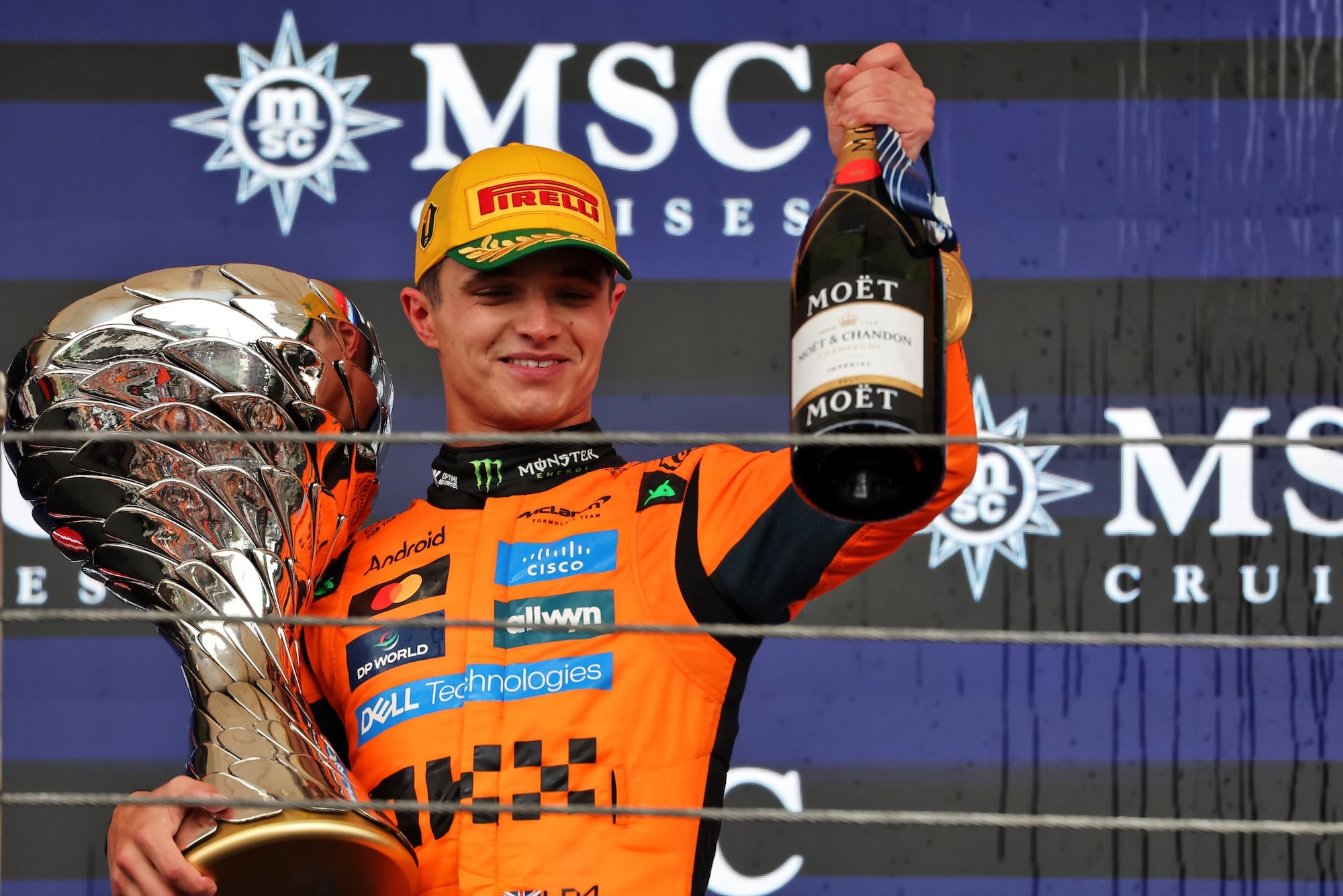 Race winner Lando Norris (GBR) McLaren celebrates on the podium.