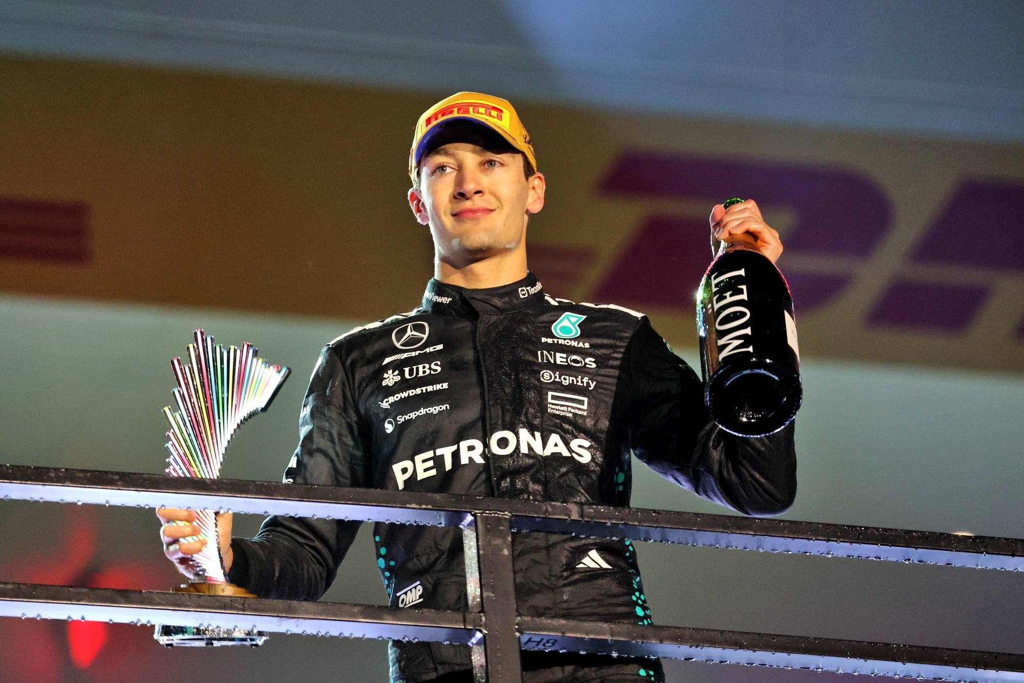 George Russell (GBR) Mercedes AMG F1 celebrates his third position on the podium.