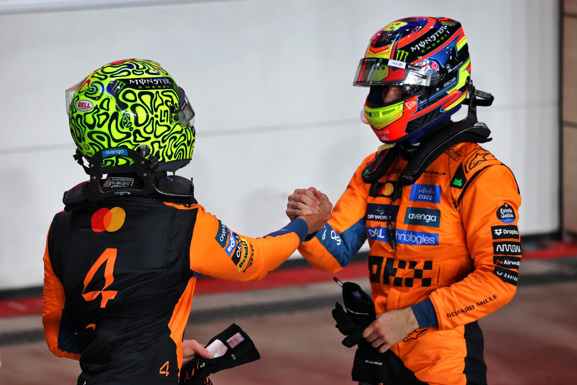 (L to R): Third placed Lando Norris (GBR) McLaren in Sprint qualifying parc ferme with pole sitter Oscar Piastri (AUS) McLaren.