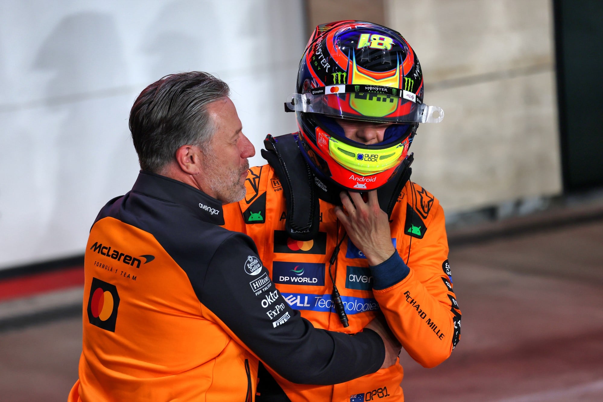 (L to R): Zak Brown (USA) McLaren Executive Director celebrates in Sprint qualifying parc ferme with pole sitter Oscar Piastri (AUS) McLaren.