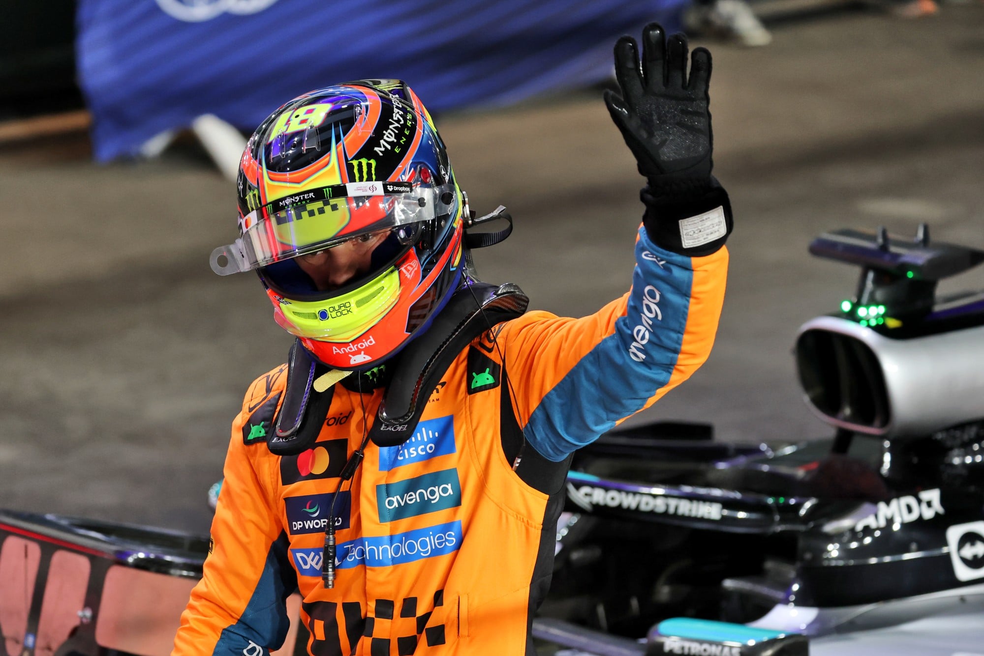 Oscar Piastri (AUS) McLaren celebrates his pole position in Sprint qualifying parc ferme.