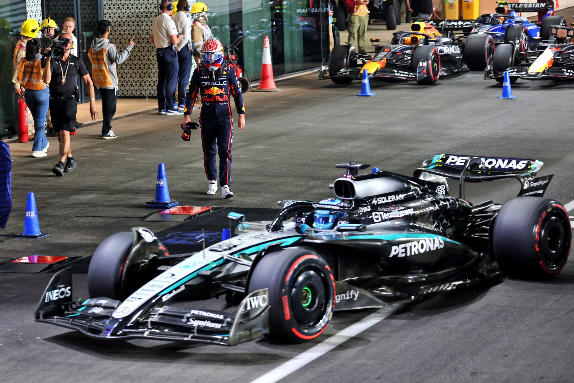 Max Verstappen (NLD) Red Bull Racing and George Russell (GBR) Mercedes AMG F1 W16 in Sprint qualifying parc ferme.
