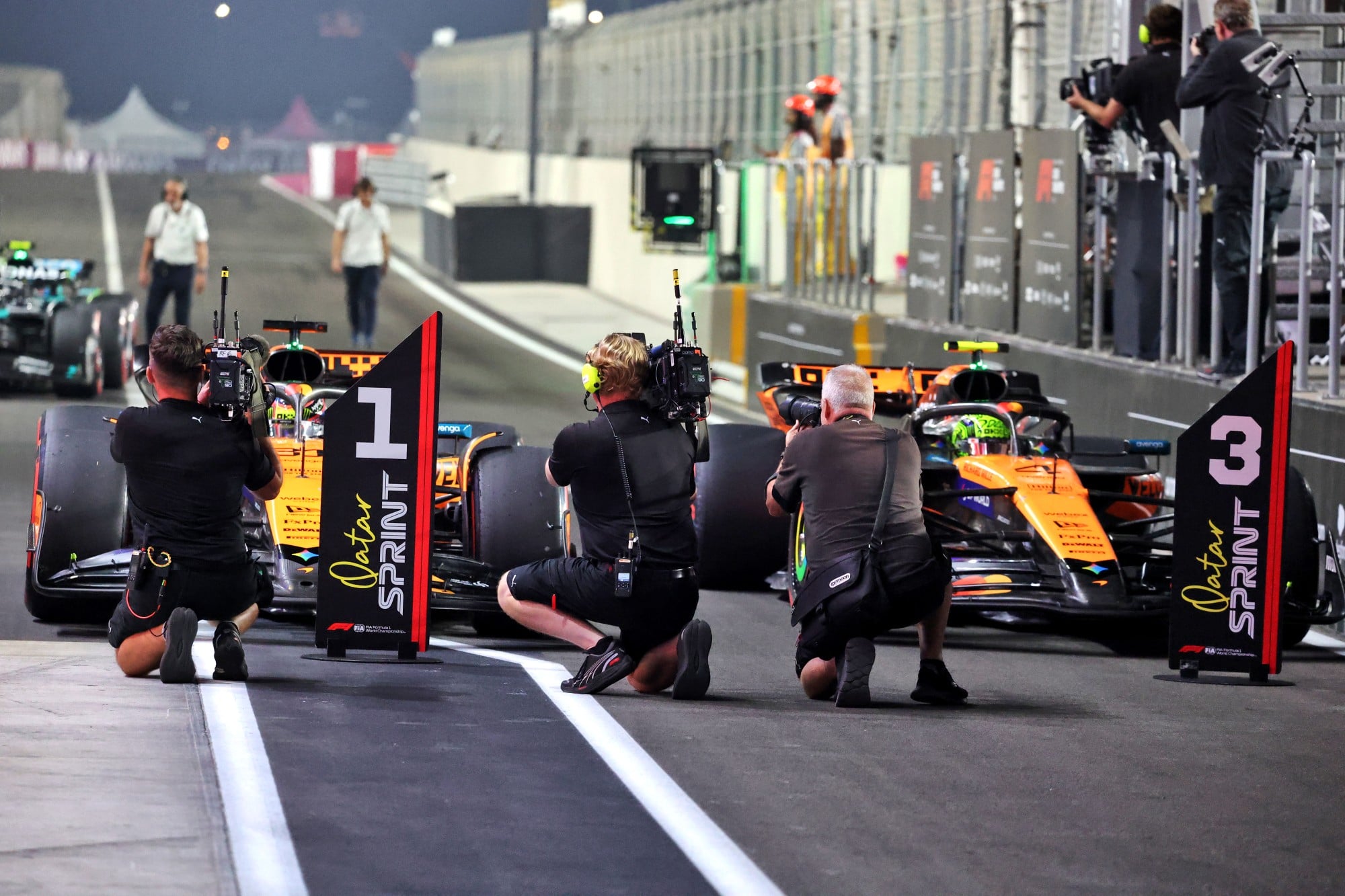 Pole sitter Oscar Piastri (AUS) McLaren MCL39 and third palced Lando Norris (GBR) McLaren MCL39 in Sprint qualifying parc ferme.