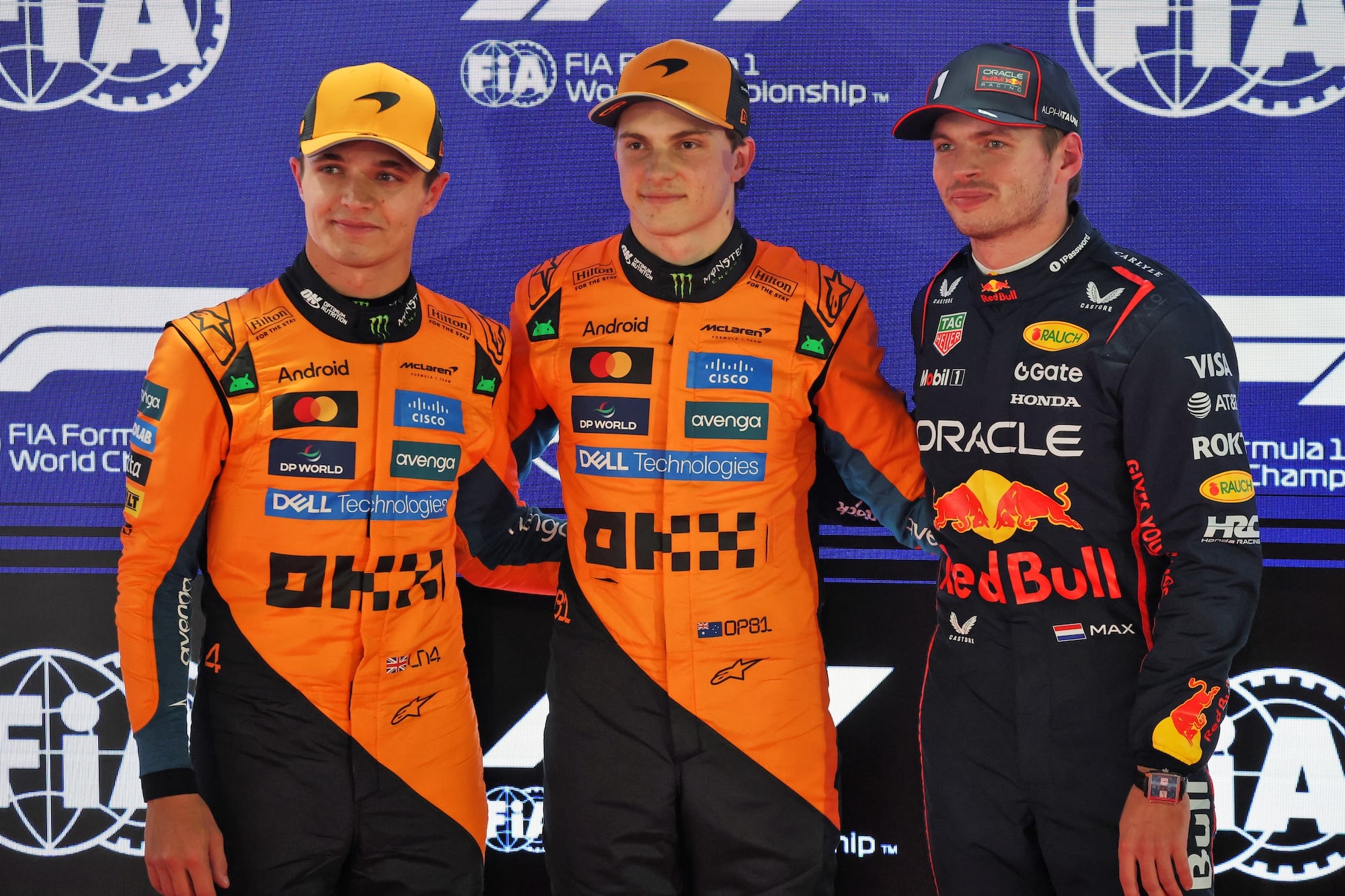Qualifying top three in parc ferme (L to R): Lando Norris (GBR) McLaren, second; Oscar Piastri (AUS) McLaren, pole position; Max Verstappen (NLD) Red Bull Racing, third.
