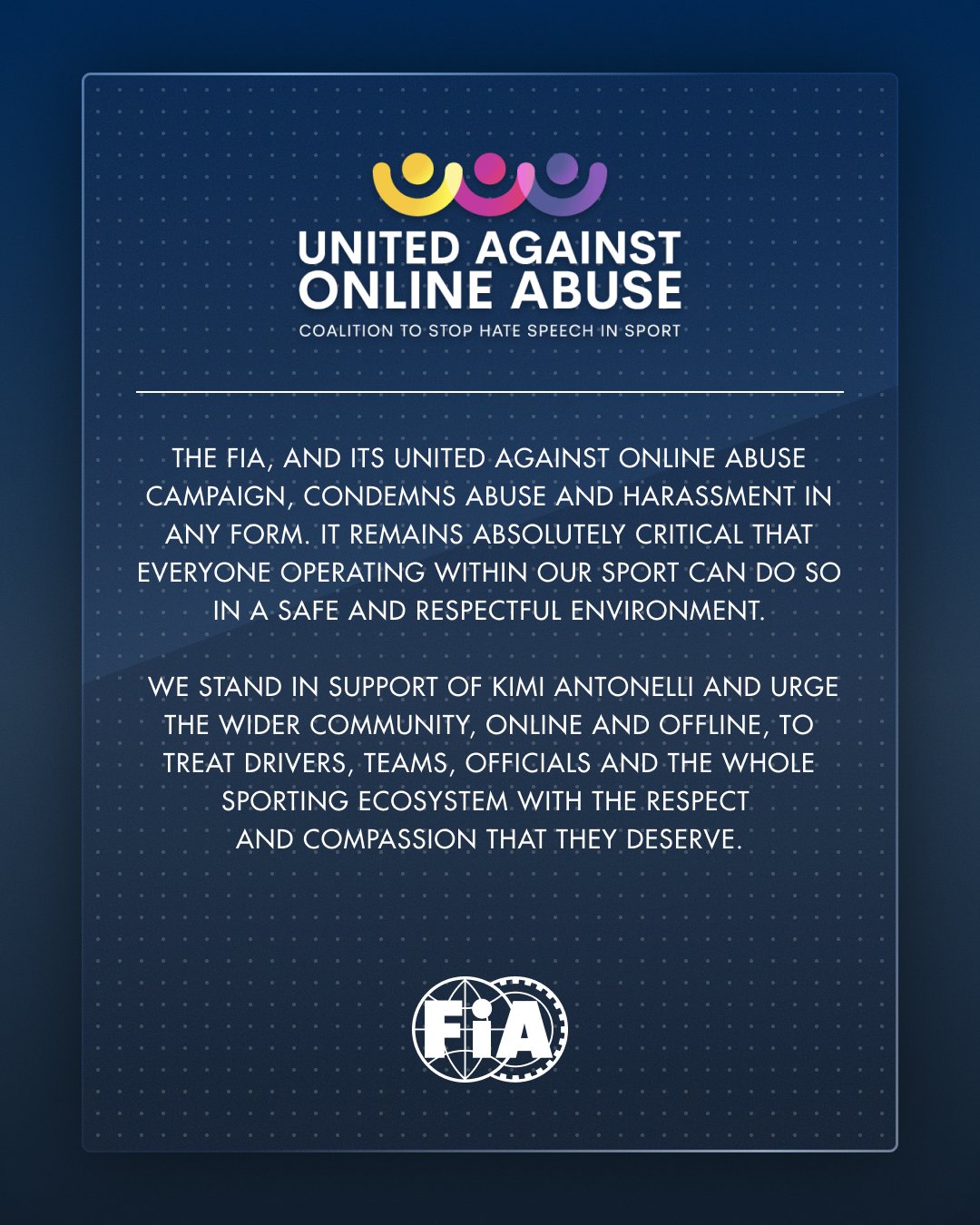 F1: FIA se pronuncia sobre abuso online sofrido por Antonelli: "Tratar com respeito" F1: FIA se pronuncia sobre abuso online sofrido por Antonelli: "Tratar com respeito"