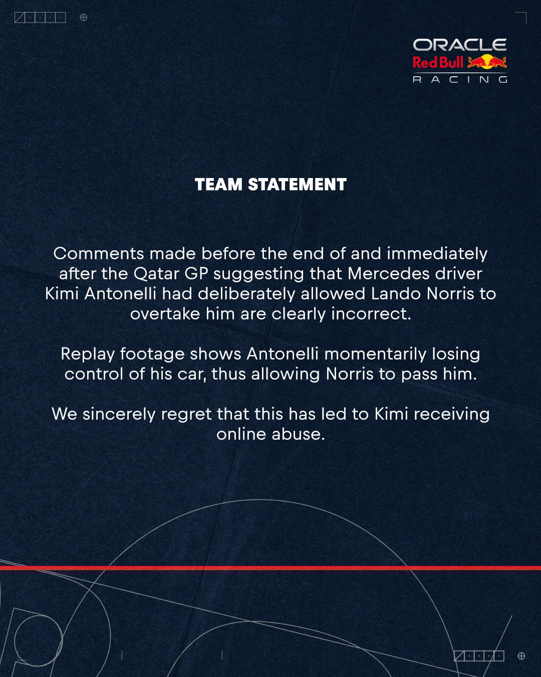 F1: Red Bull divulga texto e se desculpa por acusção de ajuda de Antonelli a Norris F1: Red Bull divulga texto e se desculpa por acusção de ajuda de Antonelli a Norris