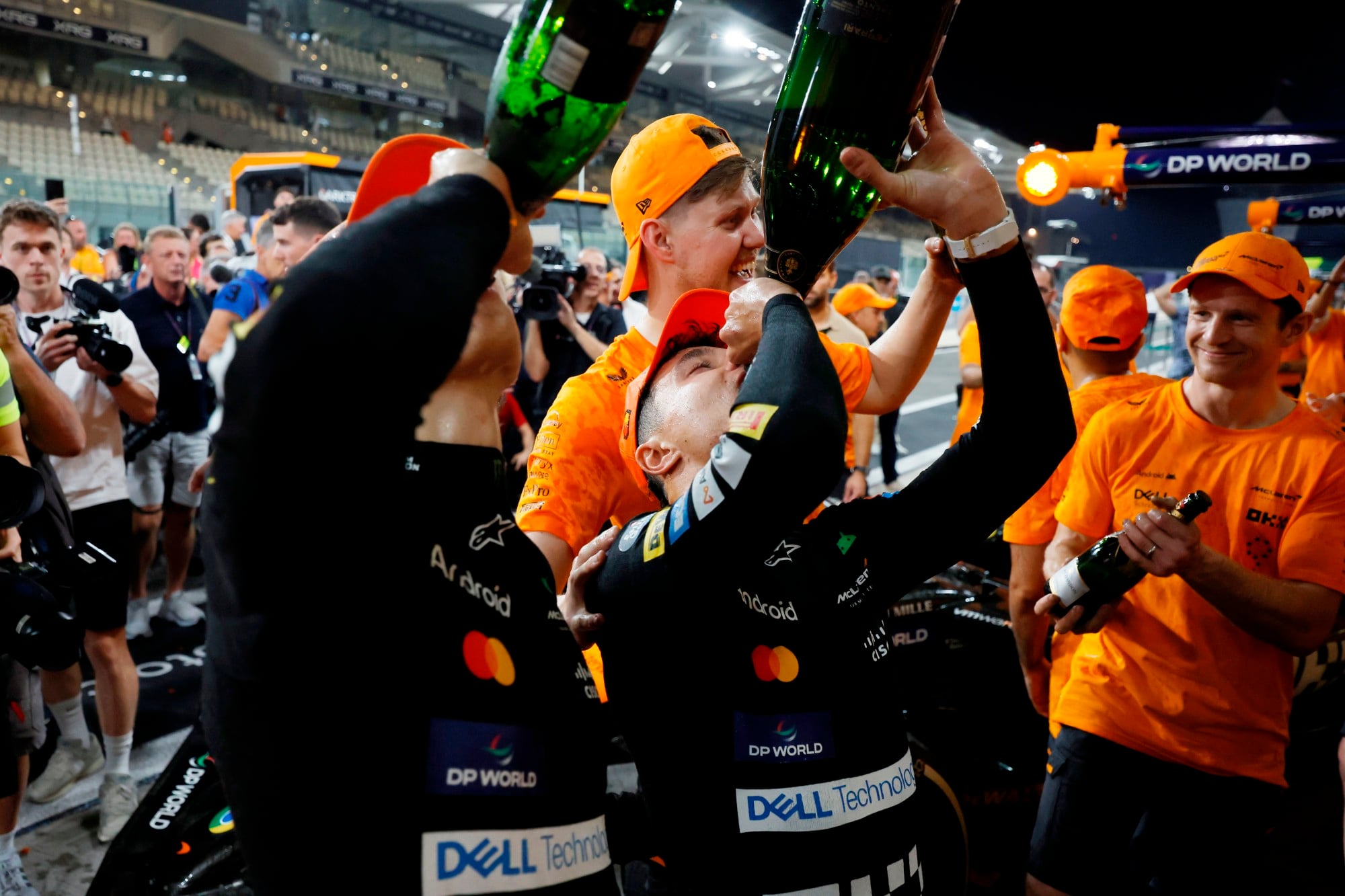 Lando Norris, McLaren F1 Team, 1st position, Oscar Piastri, McLaren F1 Team, and the McLaren team celebrate after securing the Constructors Championship title