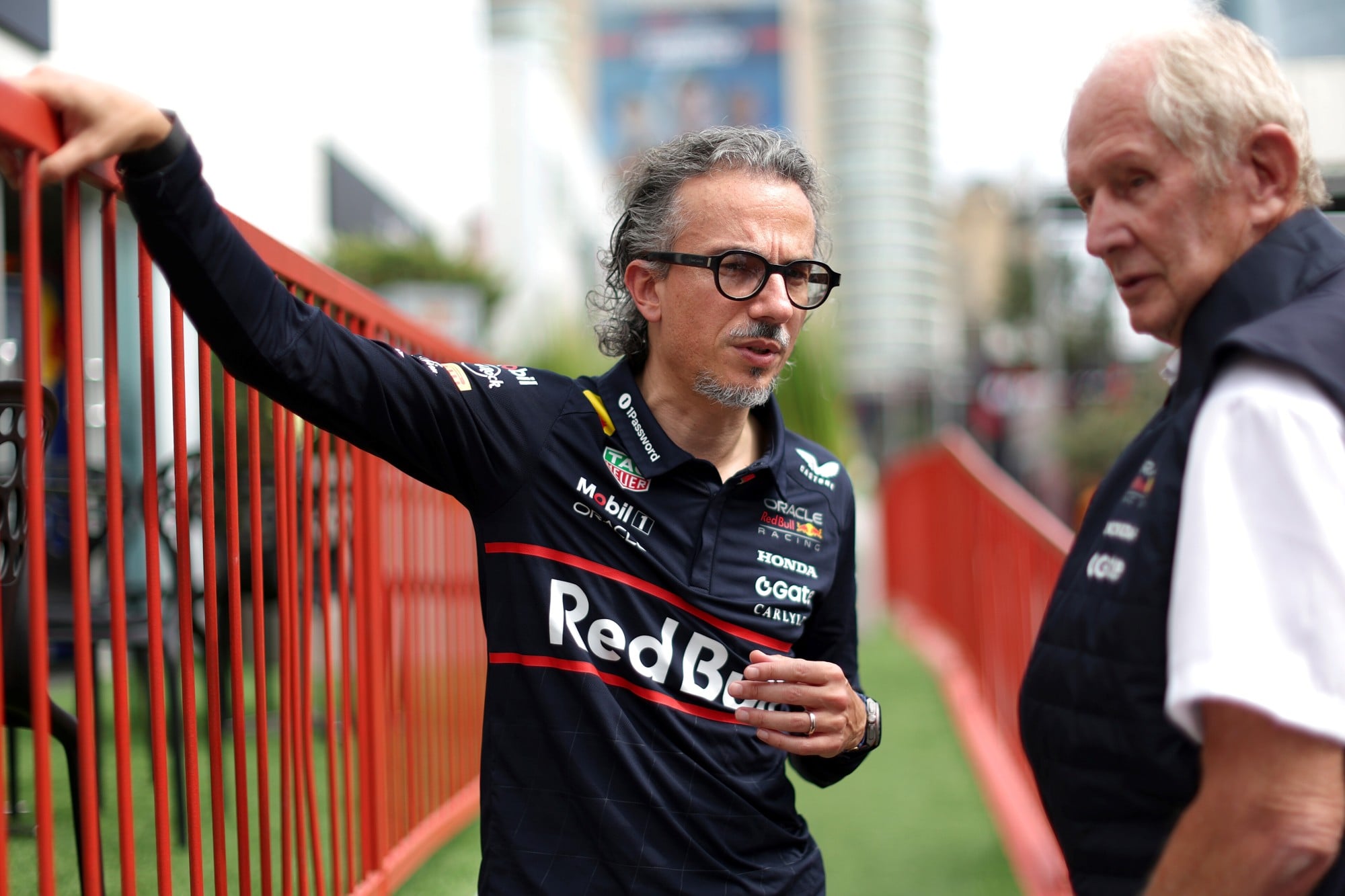 BAKU, AZERBAIJAN - SEPTEMBER 19: Laurent Mekies, Team Principal of Oracle Red Bull Racing and Dr Helmut Marko, Team Consultant of Oracle Red Bull Racing talk in the Paddock during practice ahead of the F1 Grand Prix of Azerbaijan at Baku City Circuit on September 19, 2025 in Baku, Azerbaijan. (Photo by Mark Thompson/Getty Images) // Getty Images / Red Bull Content Pool // SI202509190237 // Usage for editorial use only //