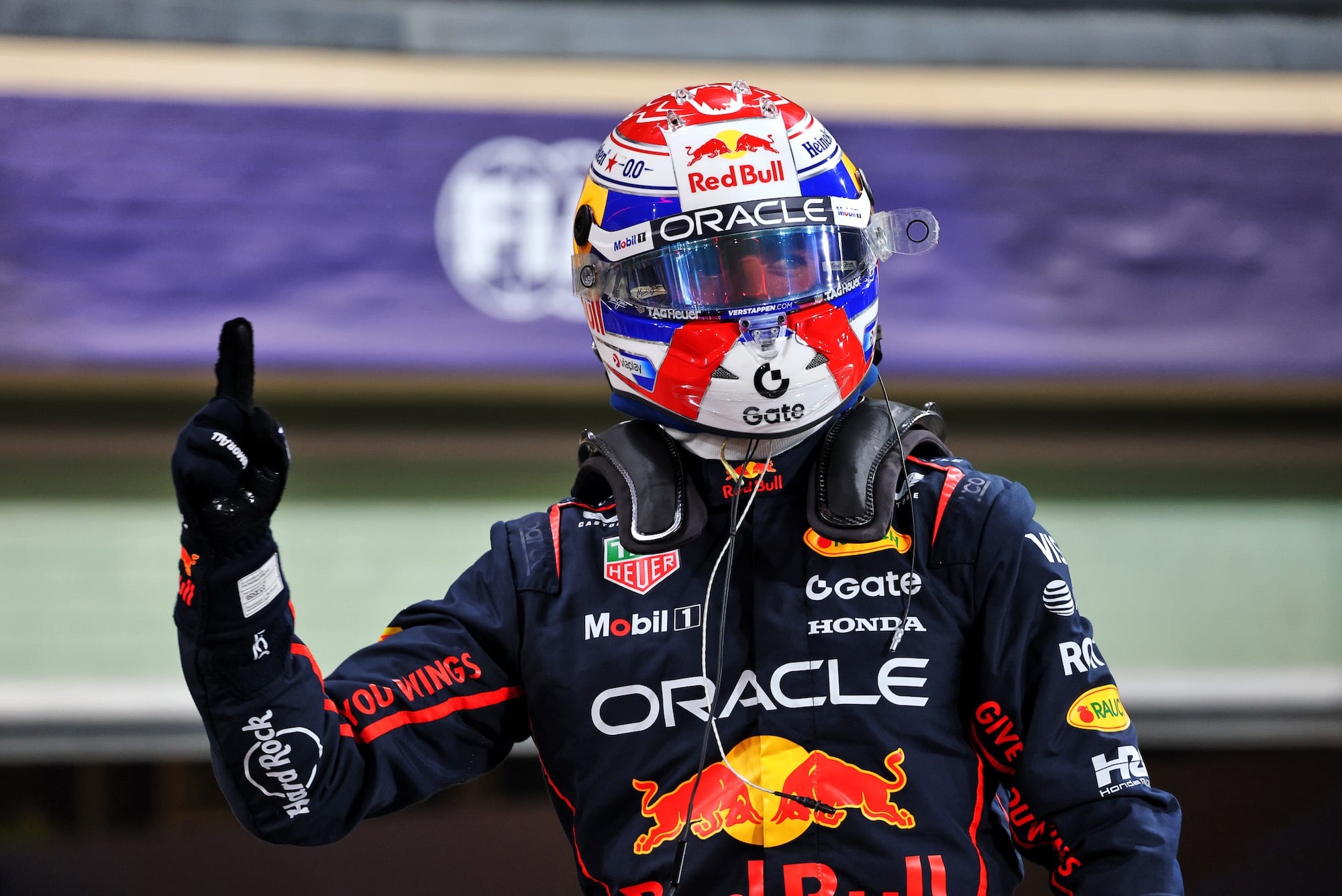 Max Verstappen (NLD) Red Bull Racing celebrates his pole position in qualifying parc ferme.