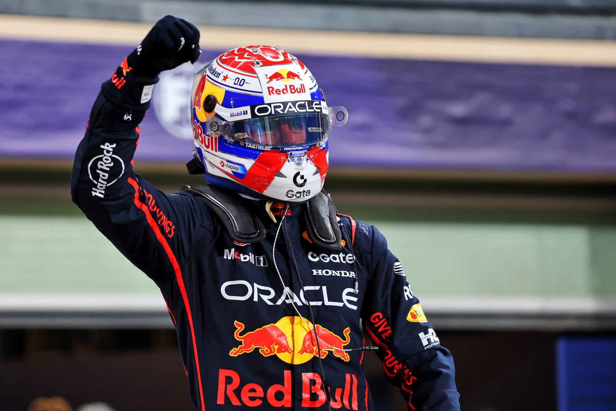 Max Verstappen (NLD) Red Bull Racing celebrates his pole position in qualifying parc ferme.