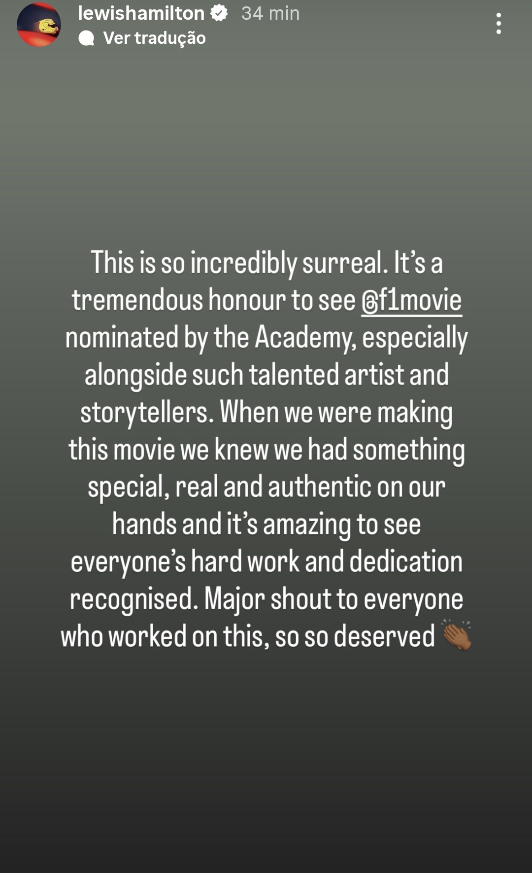 Hamilton parabeniza produção de F1 - The Movie por indicações ao Oscar 2026