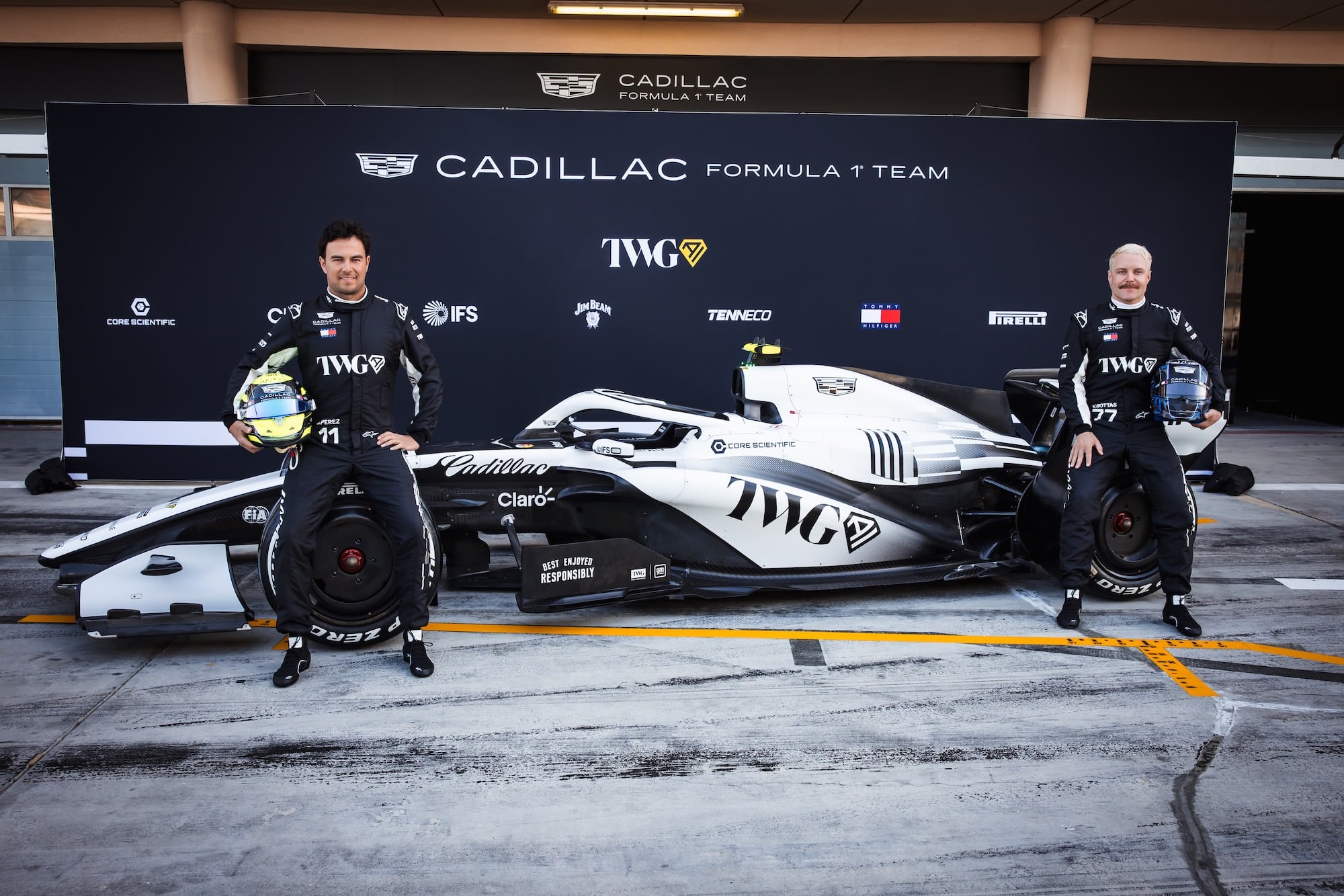 (L to R): Sergio Perez (MEX) Cadillac Formula 1 Team with Valtteri Bottas (FIN) Cadillac Formula 1 Team. 11.02.2026. Formula 1 Testing, Bahrain Test One, Sakhir, Bahrain, Day One.